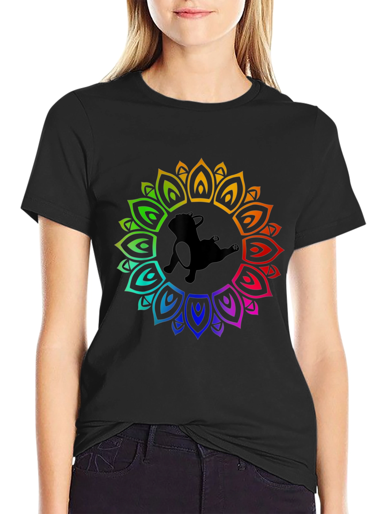 Rainbow Mandala Dog Graphic Black T-Shirt