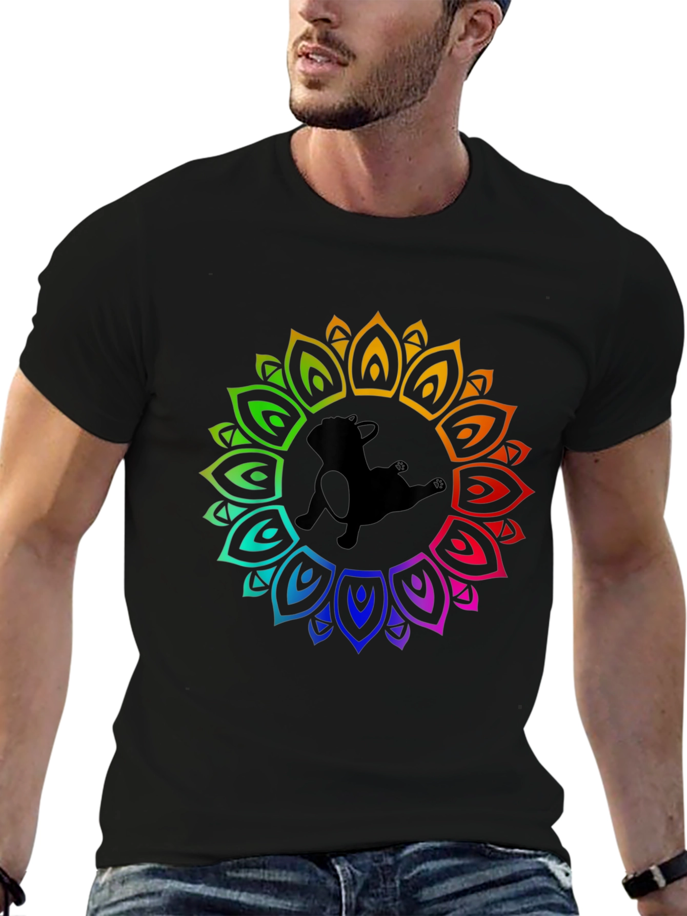 Rainbow Mandala Dog Graphic Black T-Shirt