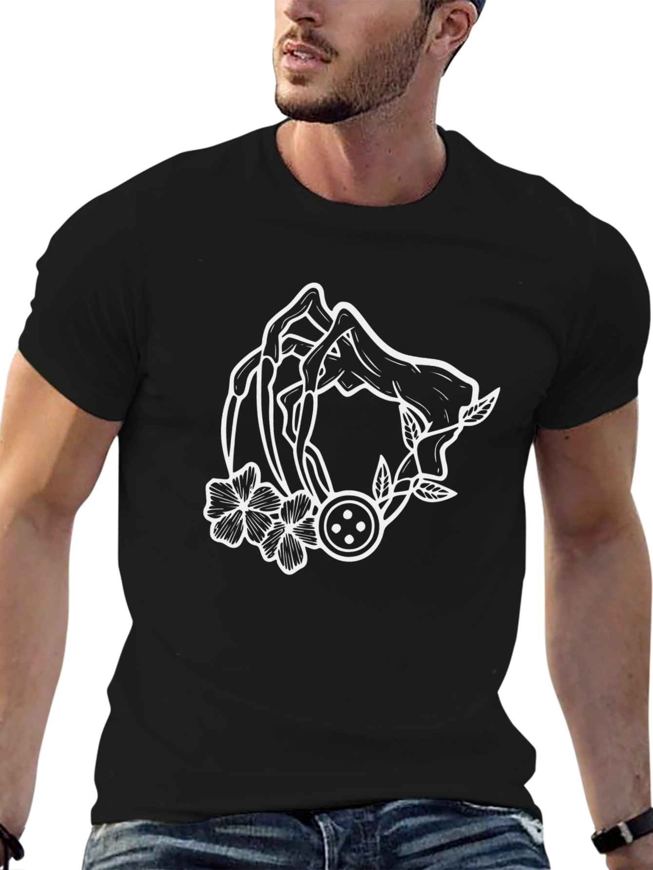 Floral Hand Outline Graphic Black T-Shirt