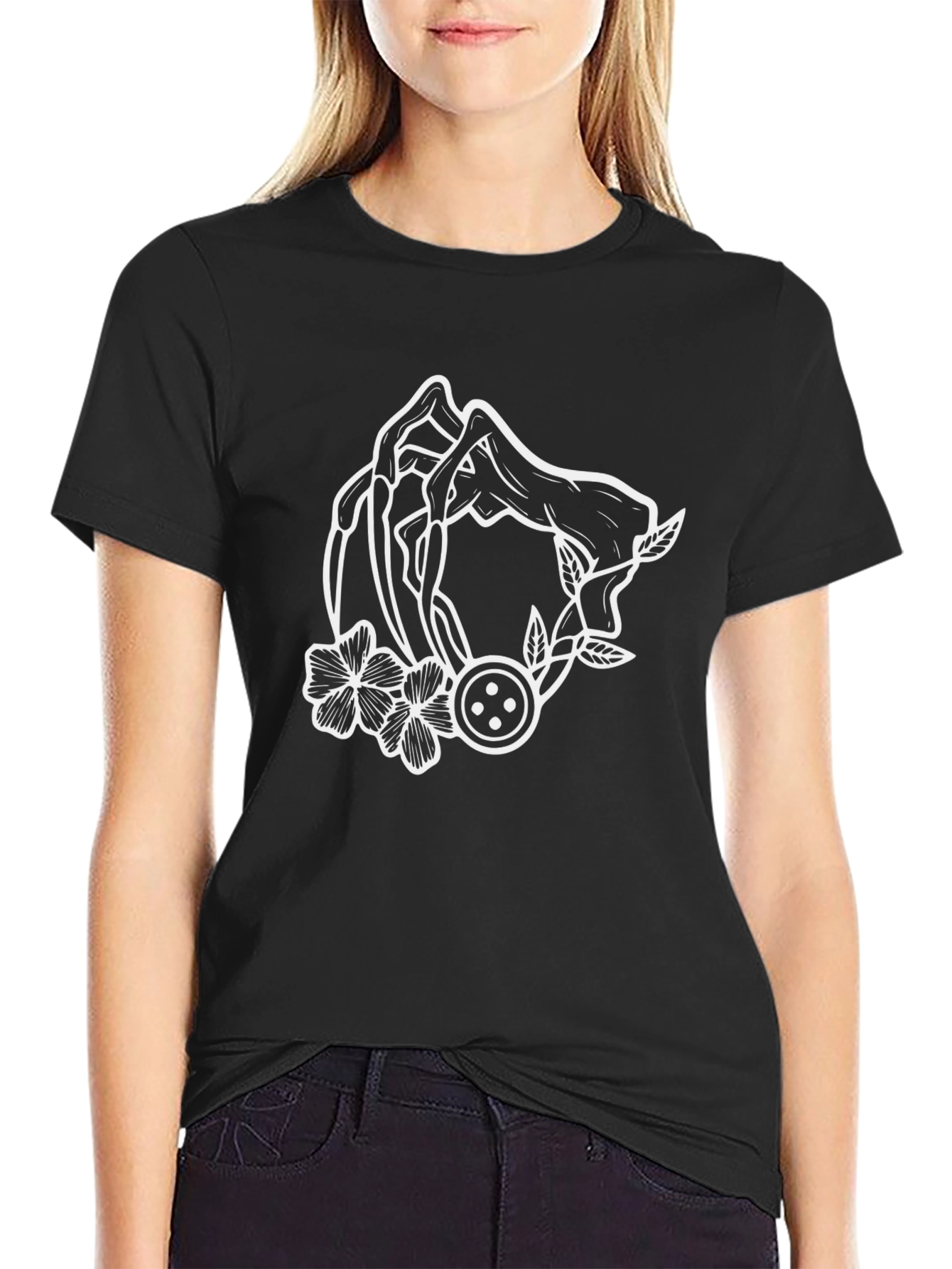 Floral Hand Outline Graphic Black T-Shirt