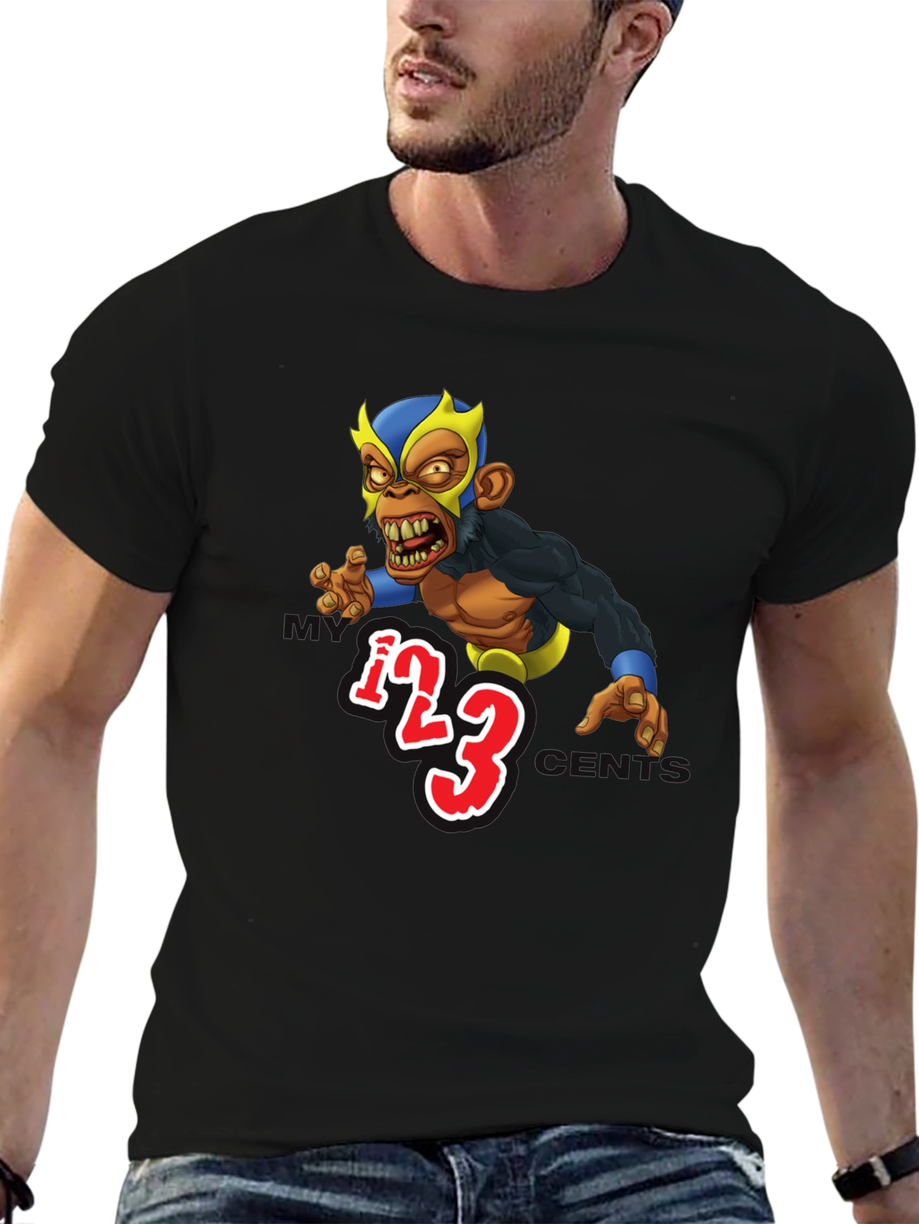 Wrestling Monkey Cartoon Graphic Black T-Shirt