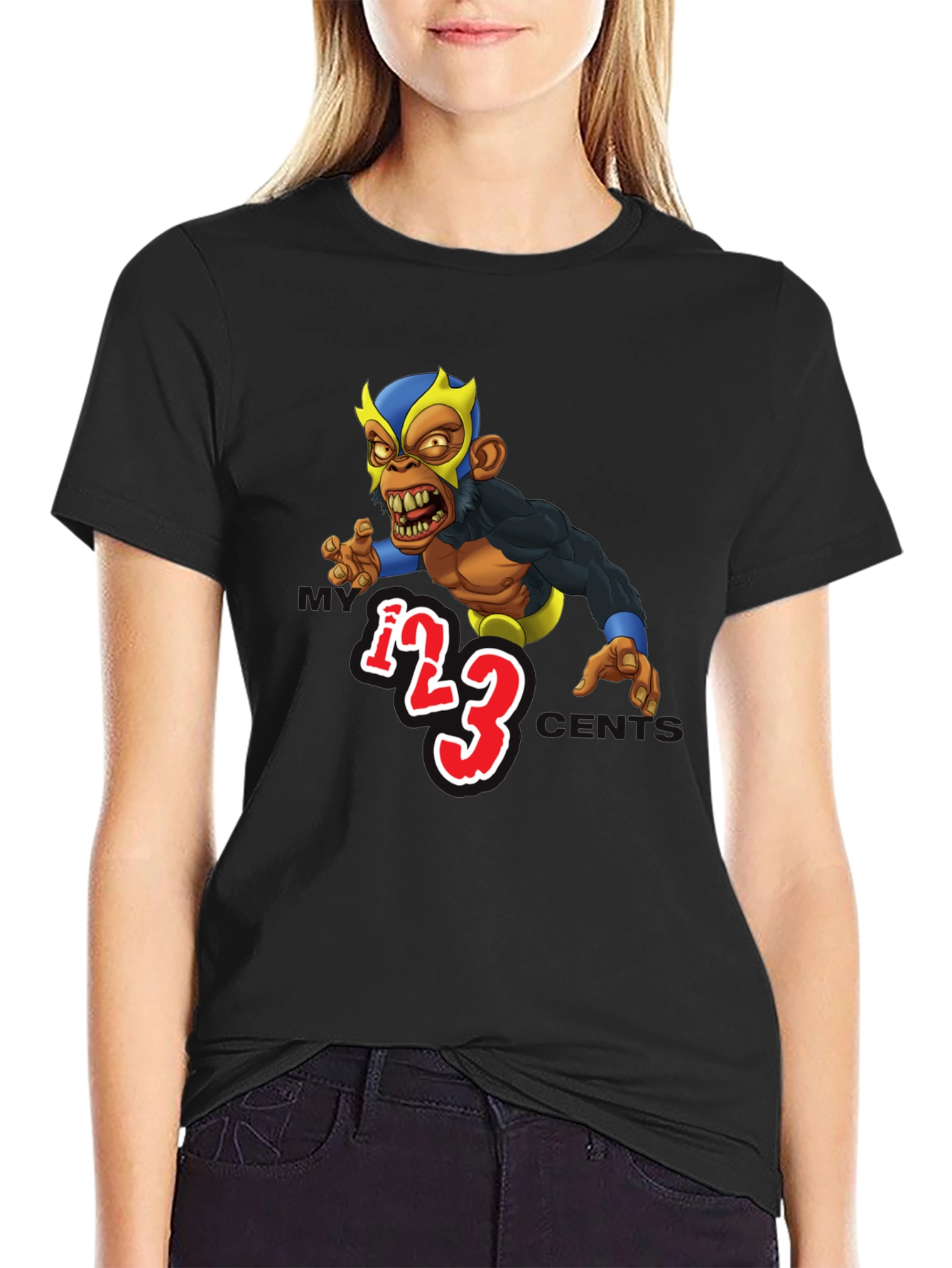 Wrestling Monkey Cartoon Graphic Black T-Shirt