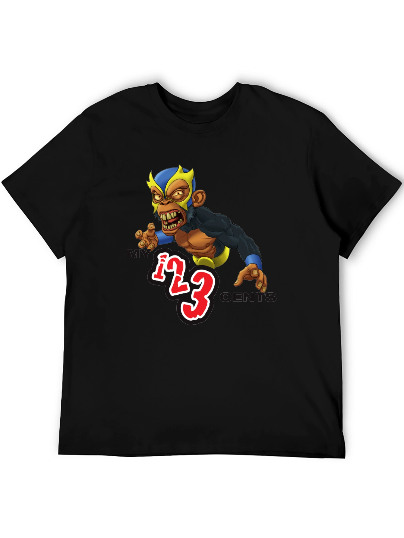 Wrestling Monkey Cartoon Graphic Black T-Shirt