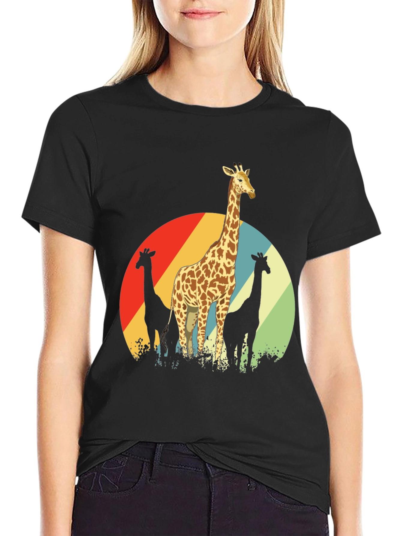 Retro Giraffe Graphic Tee - Black Cotton Comfort
