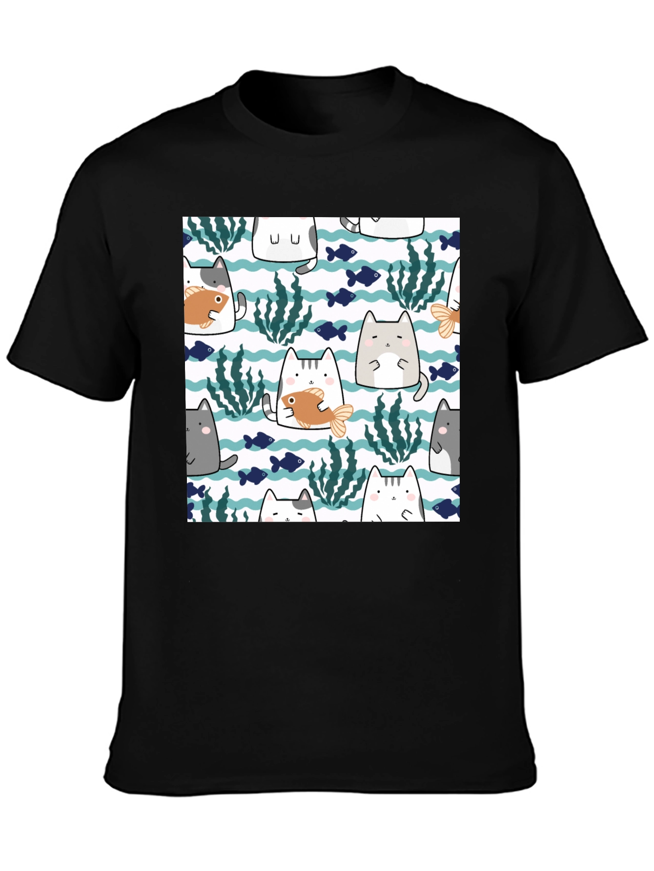 Fun Cat & Fish Graphic Tee - Black
