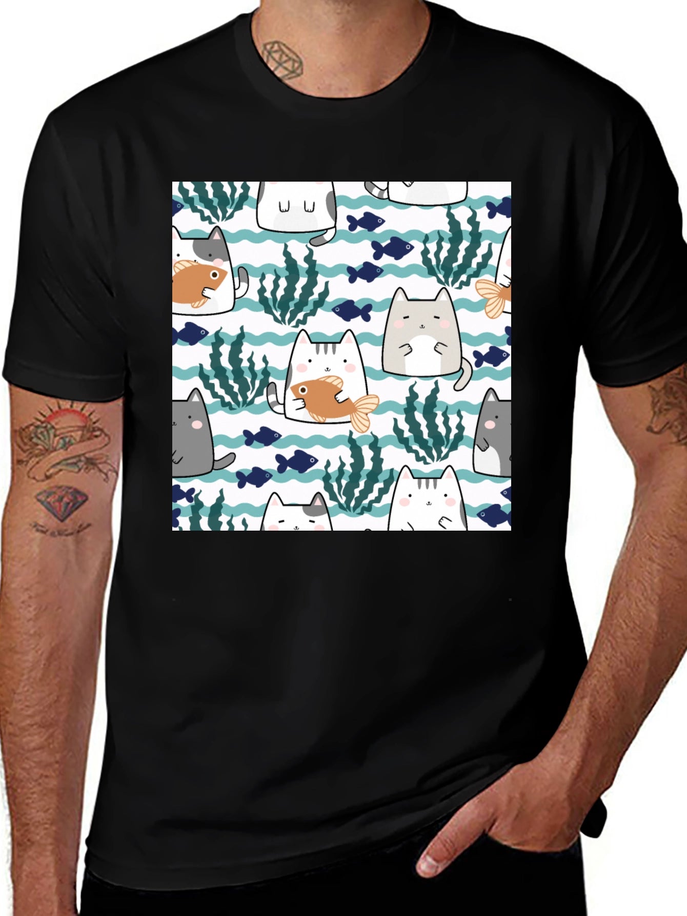 Fun Cat & Fish Graphic Tee - Black