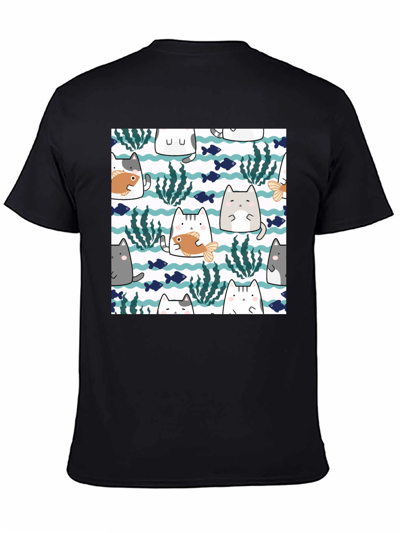 Fun Cat & Fish Graphic Tee - Black