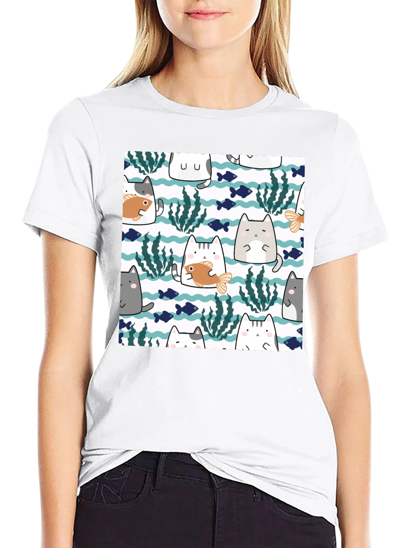 Fun Cat & Fish Graphic Tee - Black
