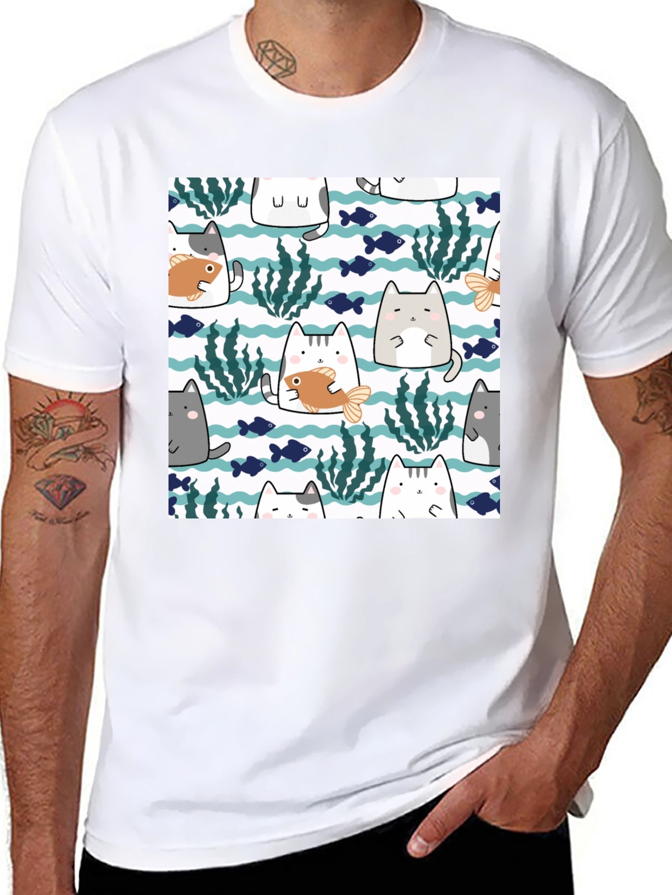Fun Cat & Fish Graphic Tee - Black