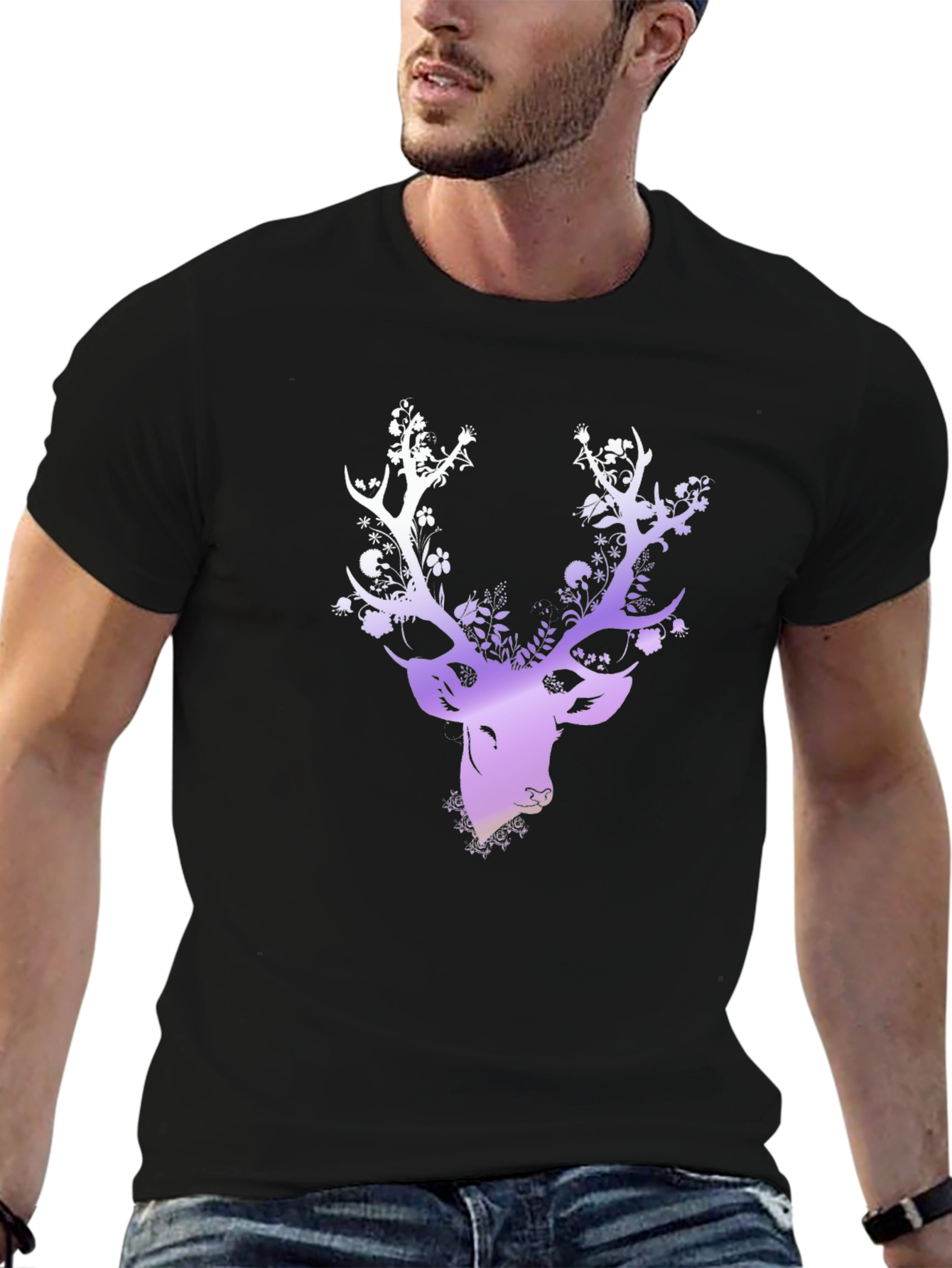 Floral Deer Head Graphic Black T-Shirt