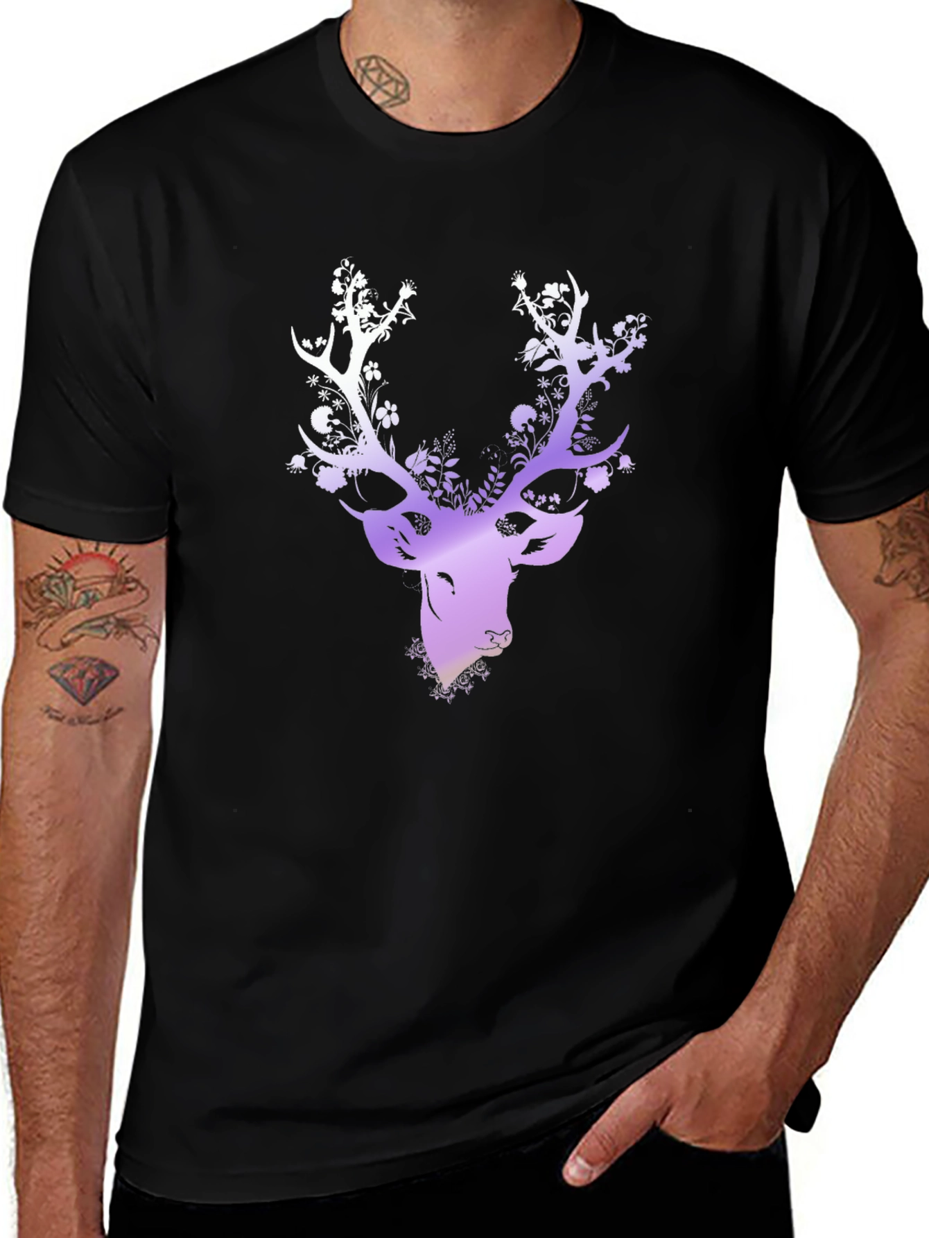 Floral Deer Head Graphic Black T-Shirt
