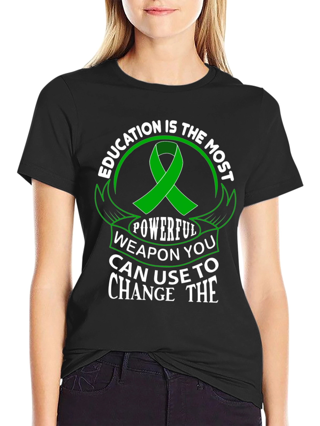 Education is Powerful T-Shirt Green Ribbon