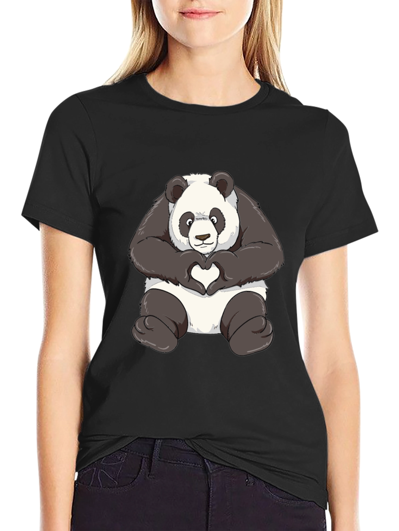Panda Heart Hands Graphic T-Shirt - Black