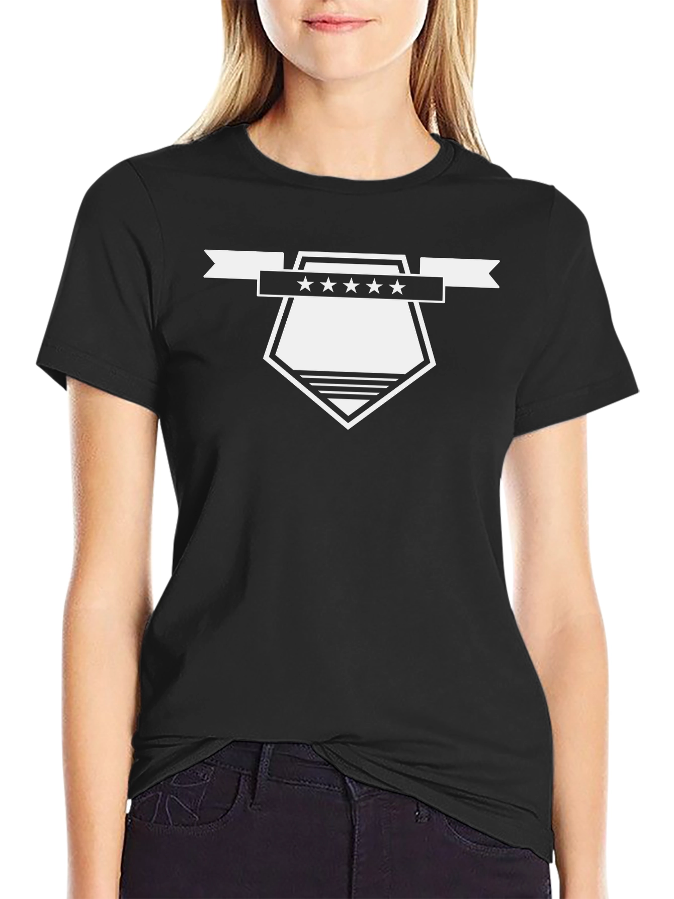 Mens Black Graphic Tee - Shield & Stars Design