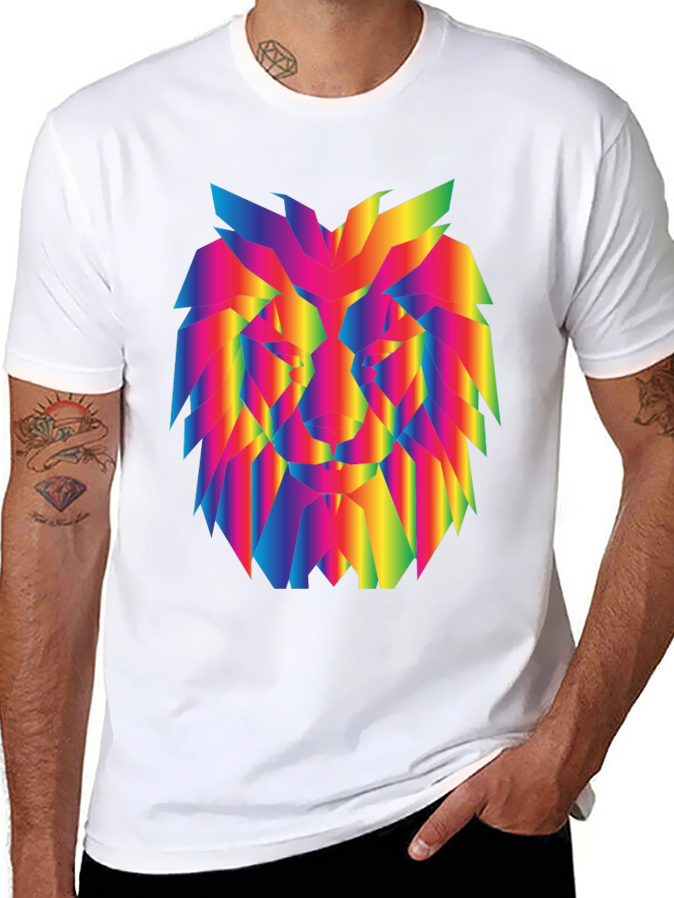 Rainbow Geometric Lion Graphic Black T-Shirt