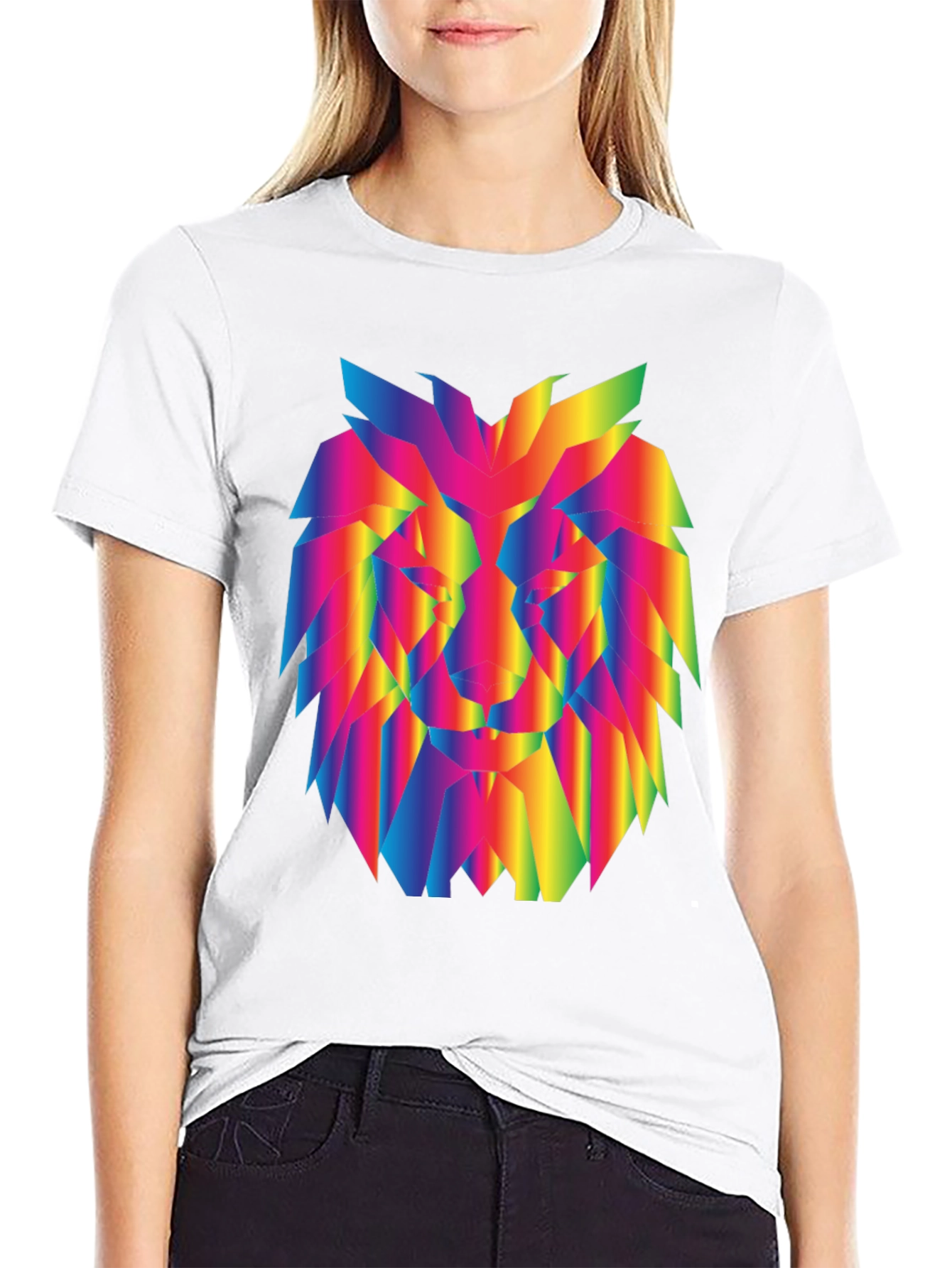 Rainbow Geometric Lion Graphic Black T-Shirt