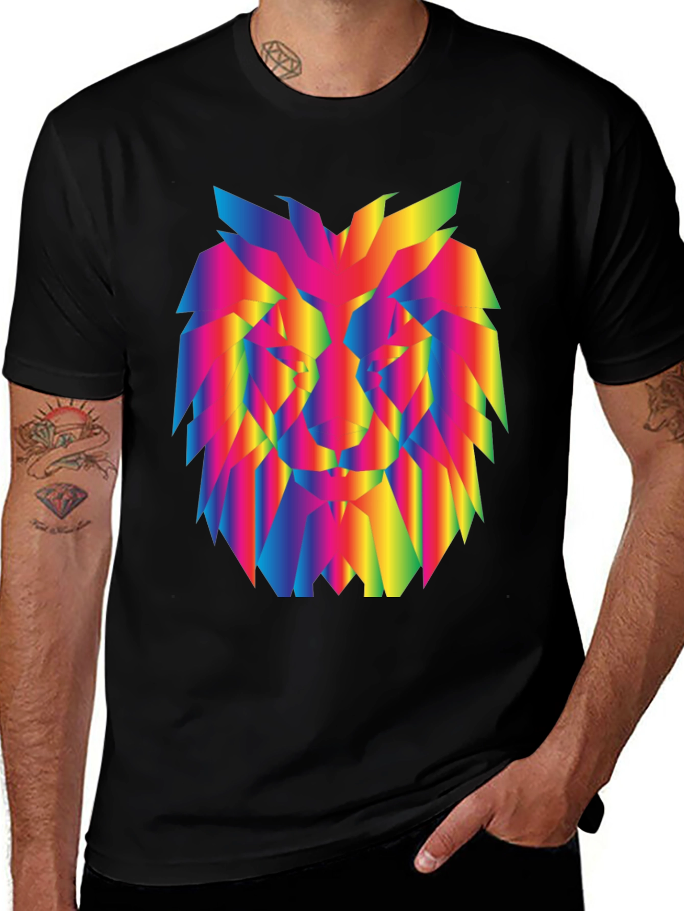 Rainbow Geometric Lion Graphic Black T-Shirt