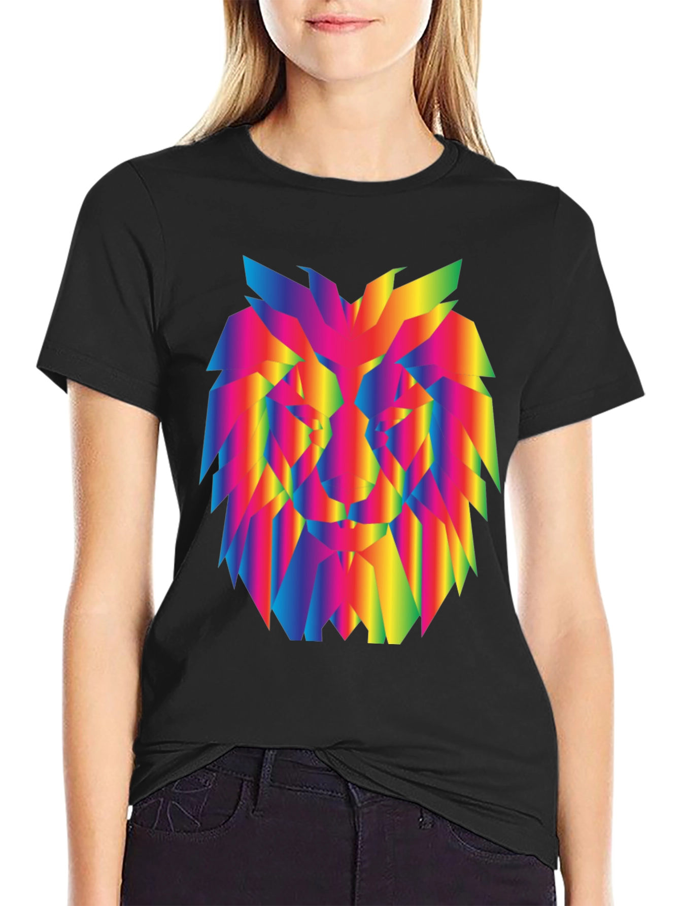 Rainbow Geometric Lion Graphic Black T-Shirt