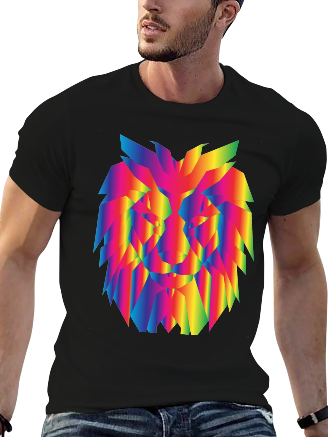 Rainbow Geometric Lion Graphic Black T-Shirt