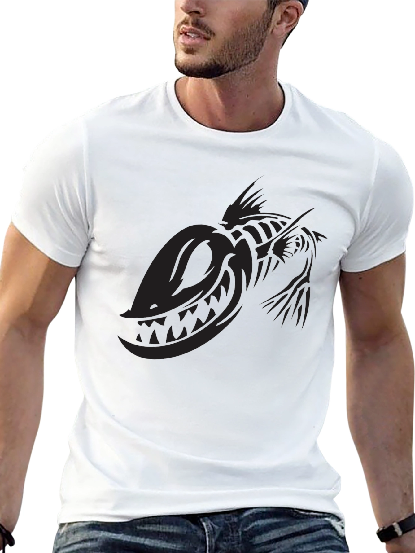 Black T-Shirt with Skeletal Fish Graphic