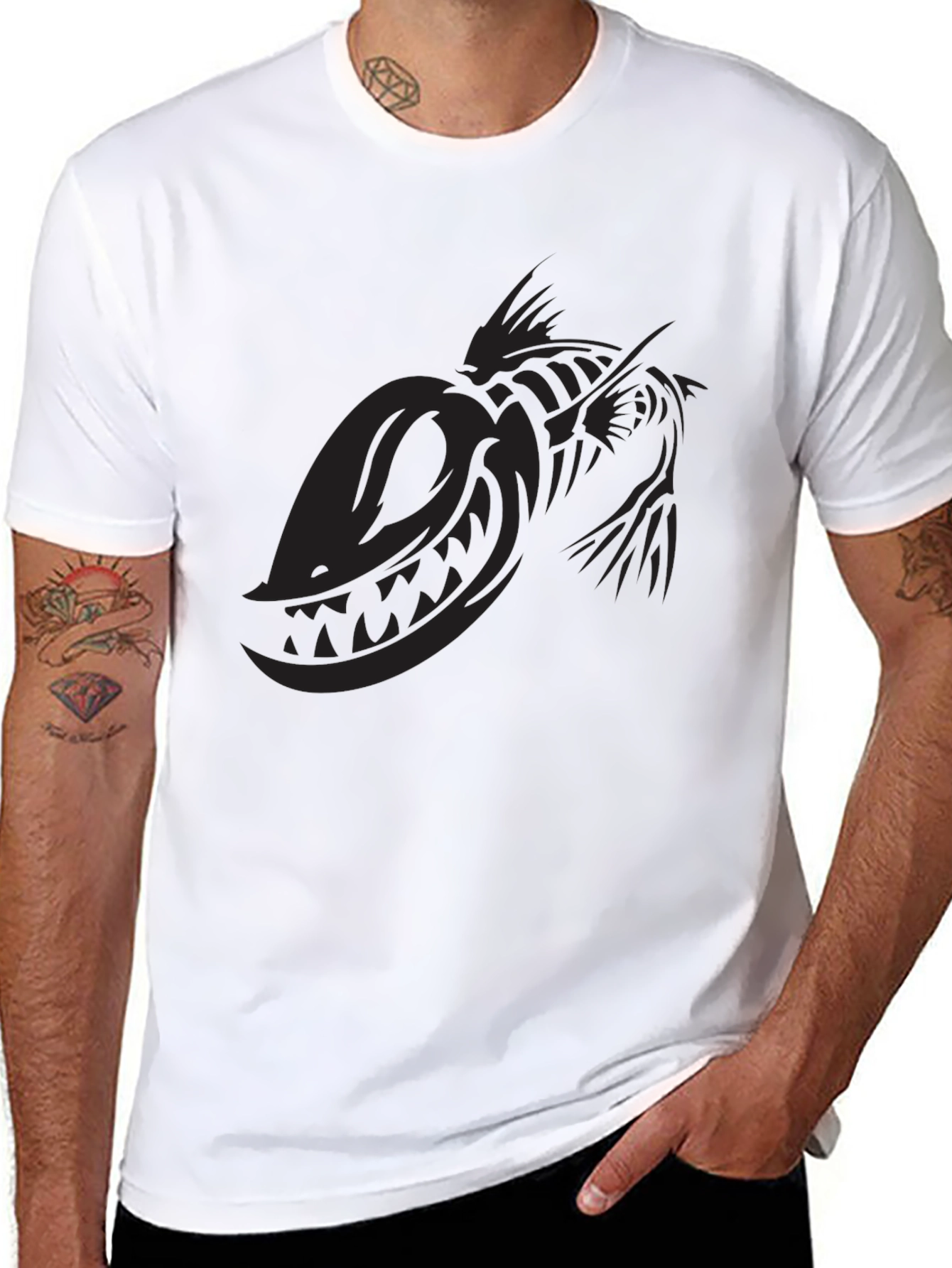 Black T-Shirt with Skeletal Fish Graphic