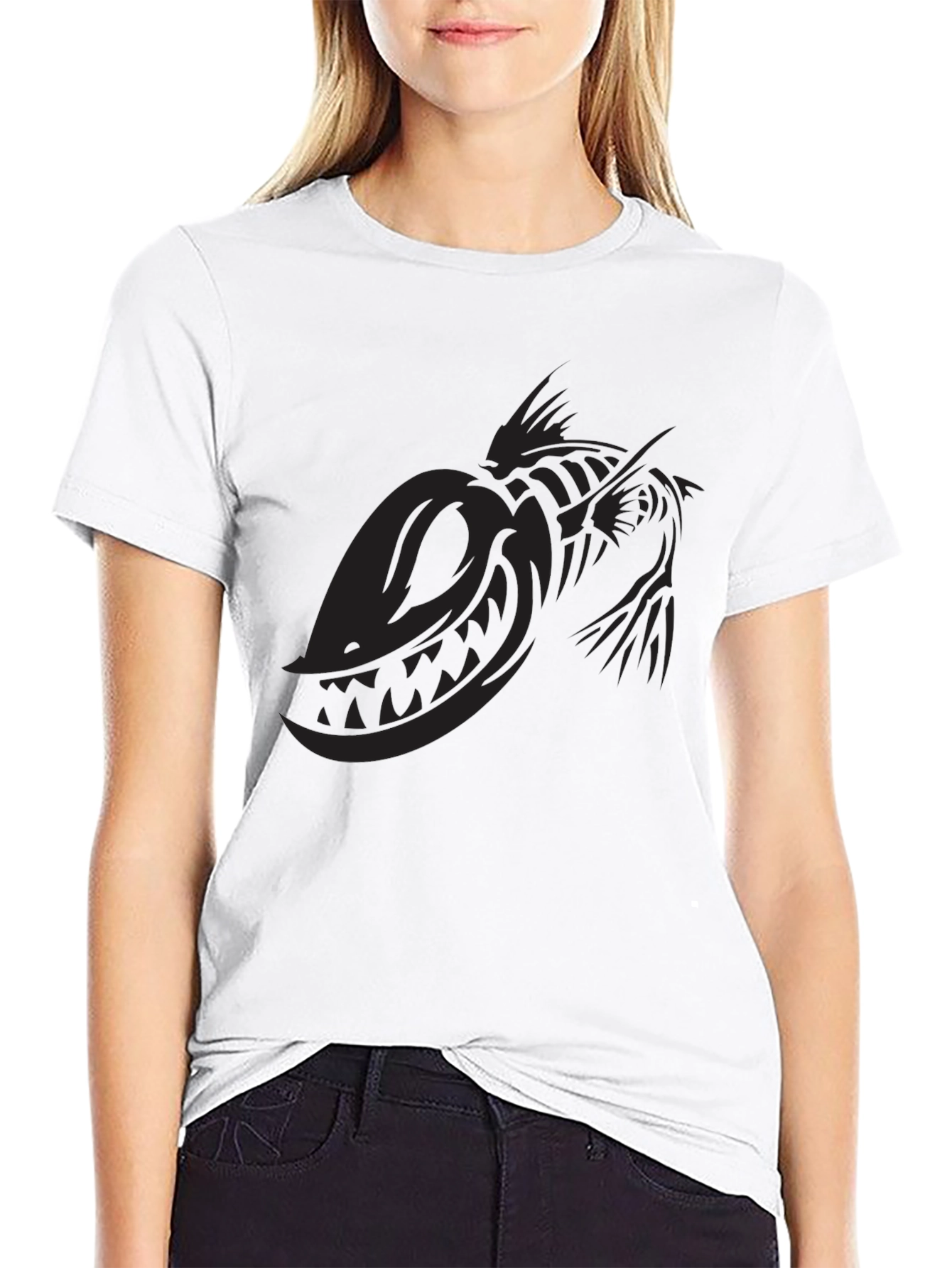 Black T-Shirt with Skeletal Fish Graphic