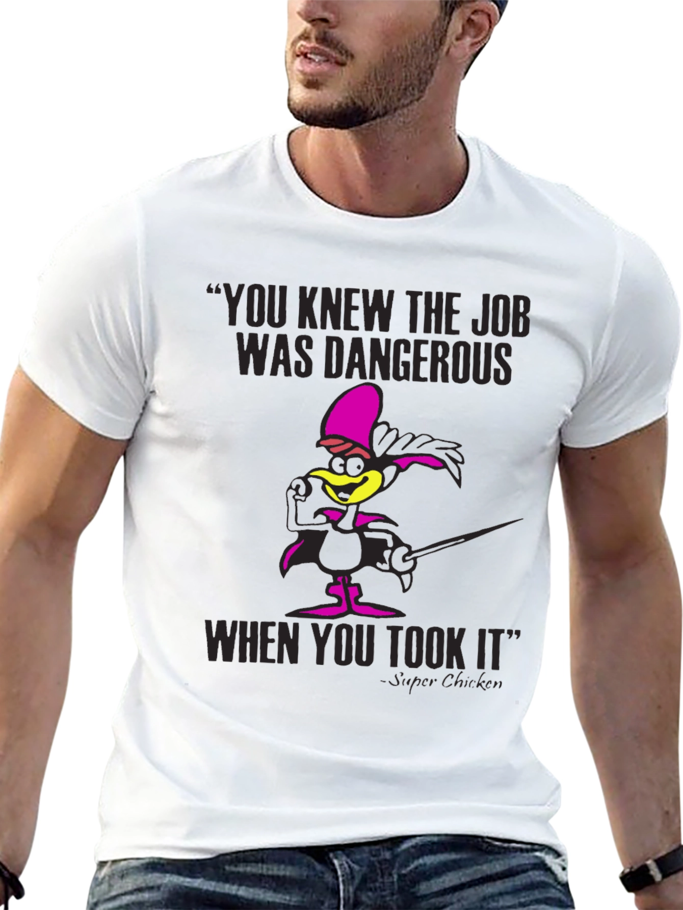 Super Chicken T-Shirt Dangerous Job Funny Cartoon Tee