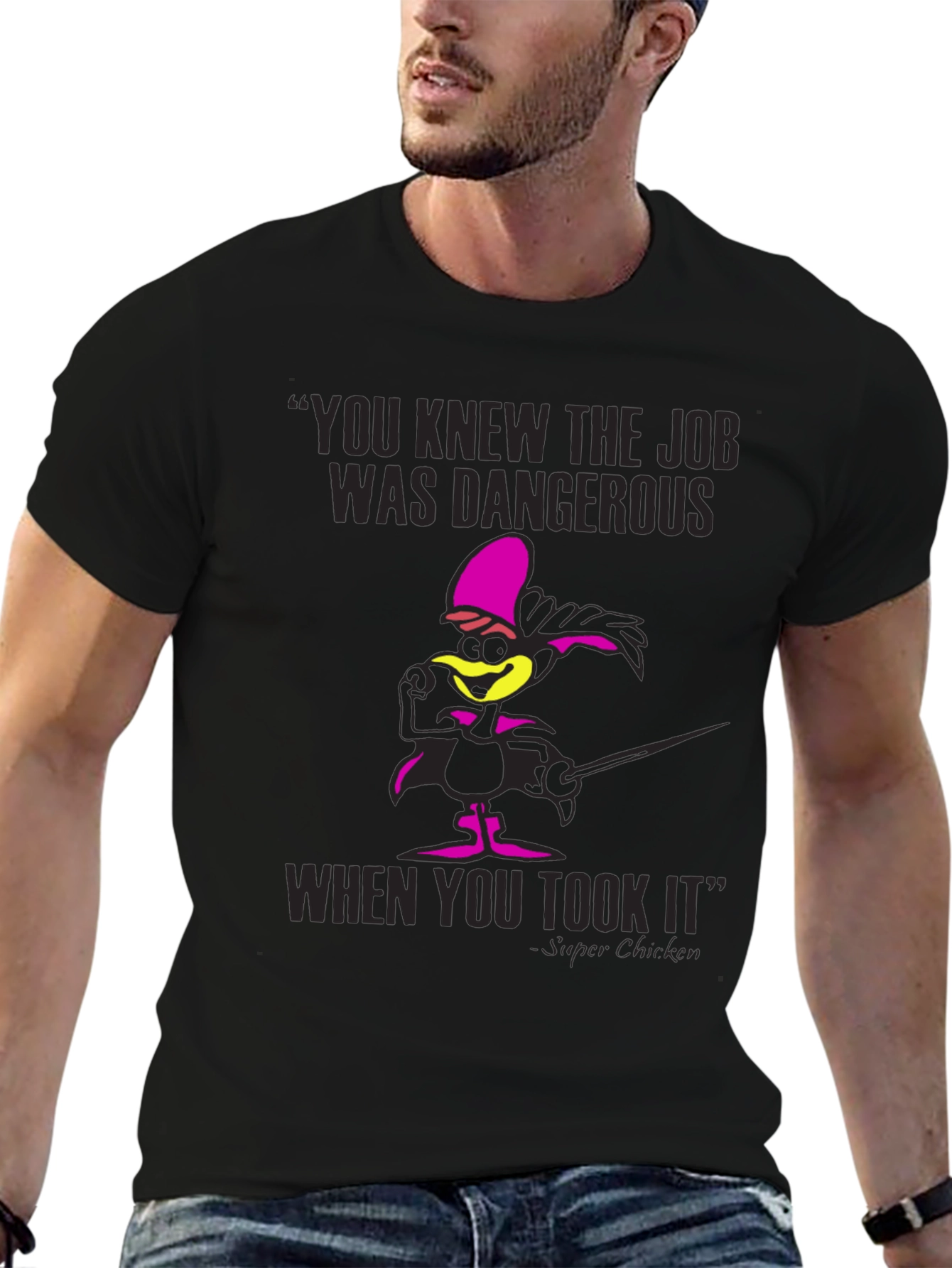 Super Chicken T-Shirt Dangerous Job Funny Cartoon Tee