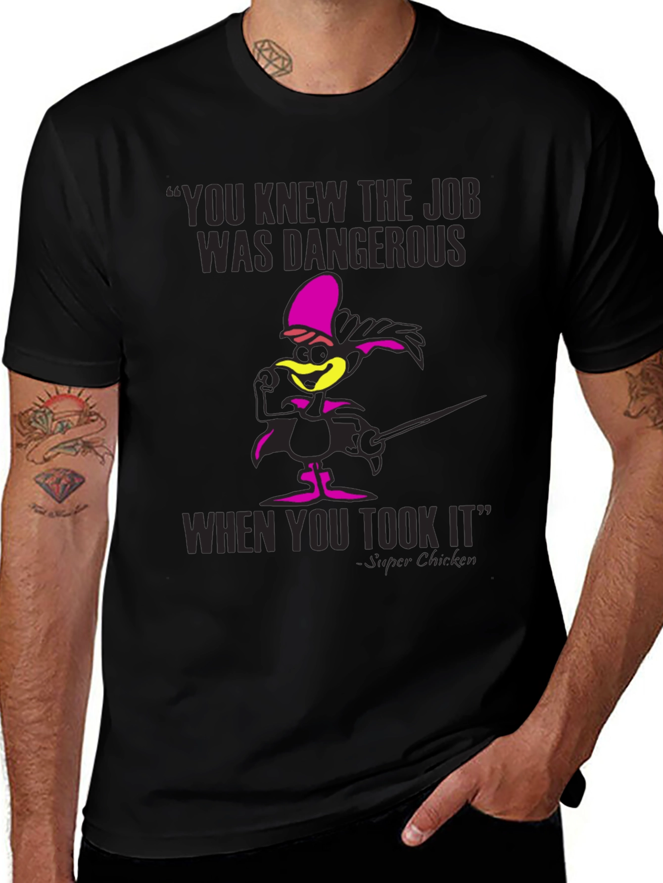 Super Chicken T-Shirt Dangerous Job Funny Cartoon Tee