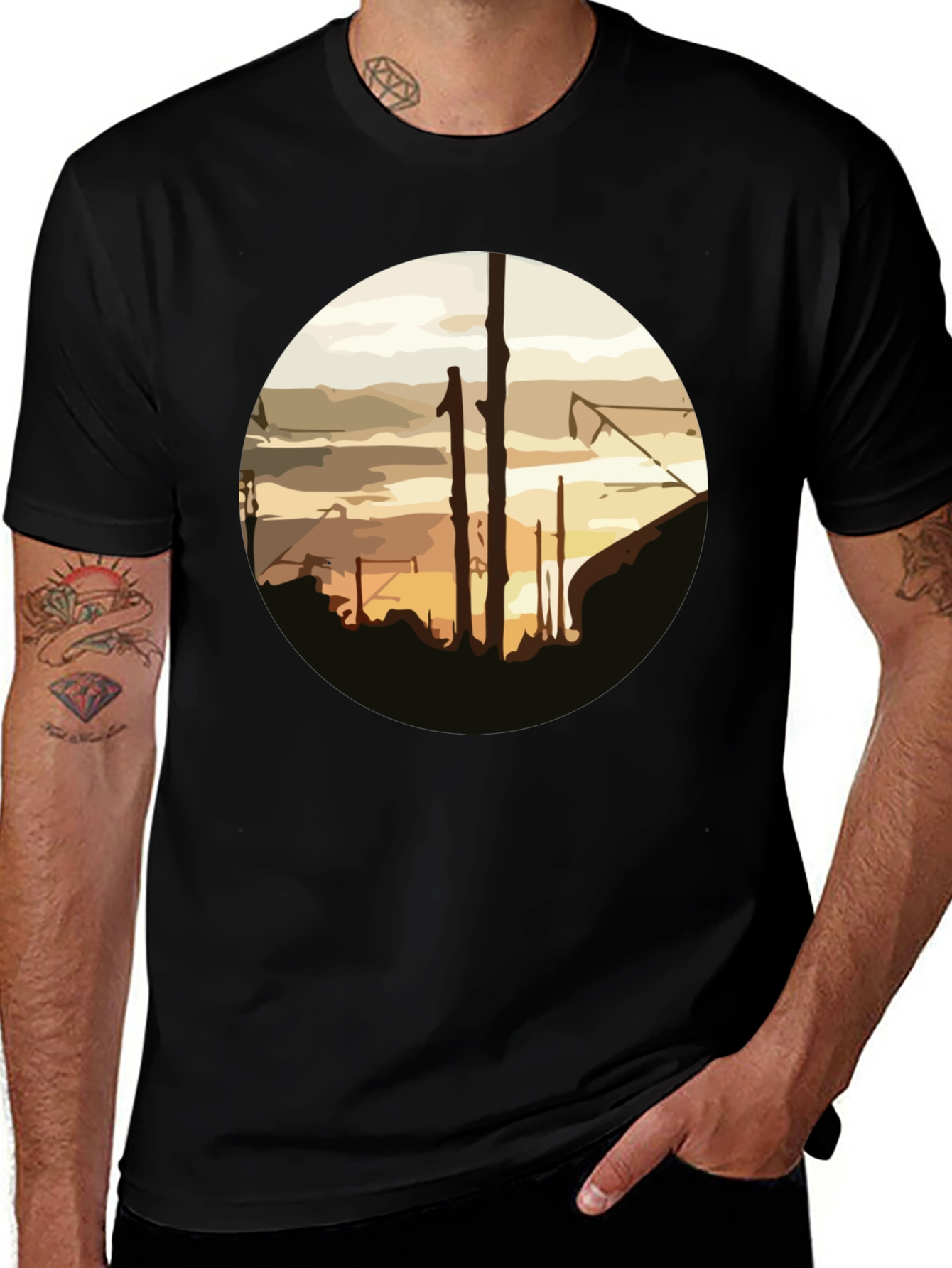 Abstract Sunset Graphic Tee - Casual Black T-Shirt
