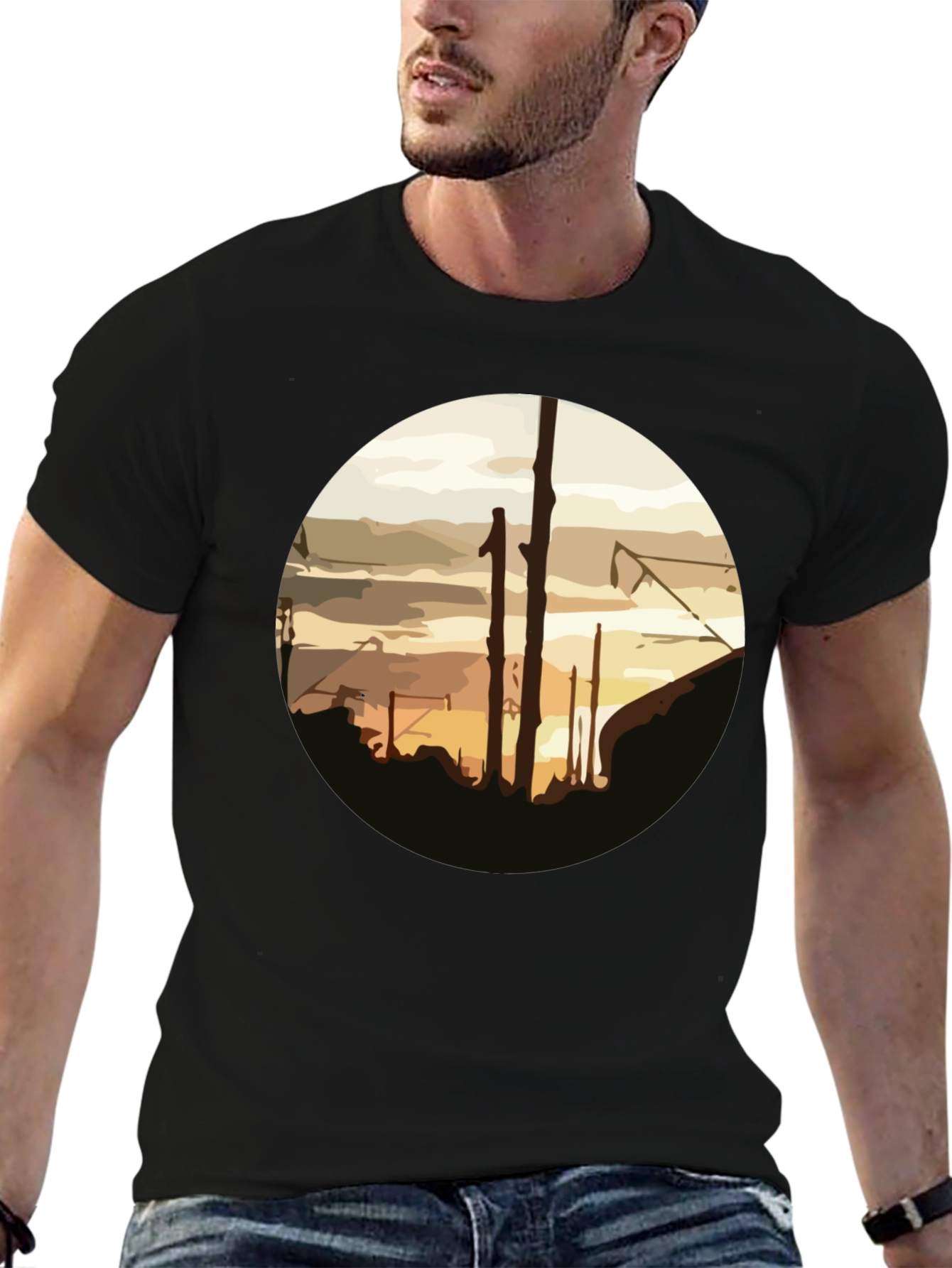 Abstract Sunset Graphic Tee - Casual Black T-Shirt