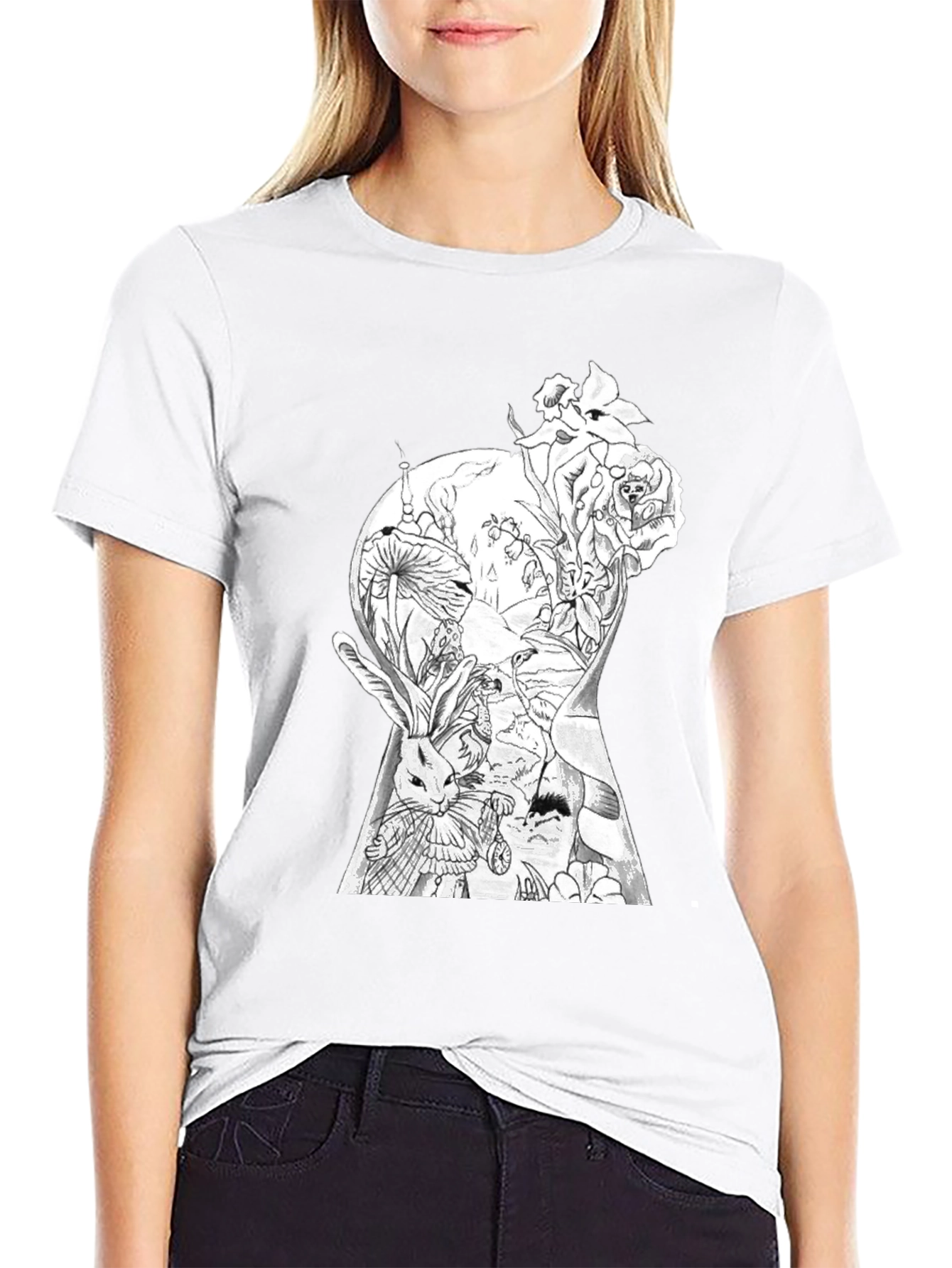Alice in Wonderland Keyhole Graphic Tee - Black