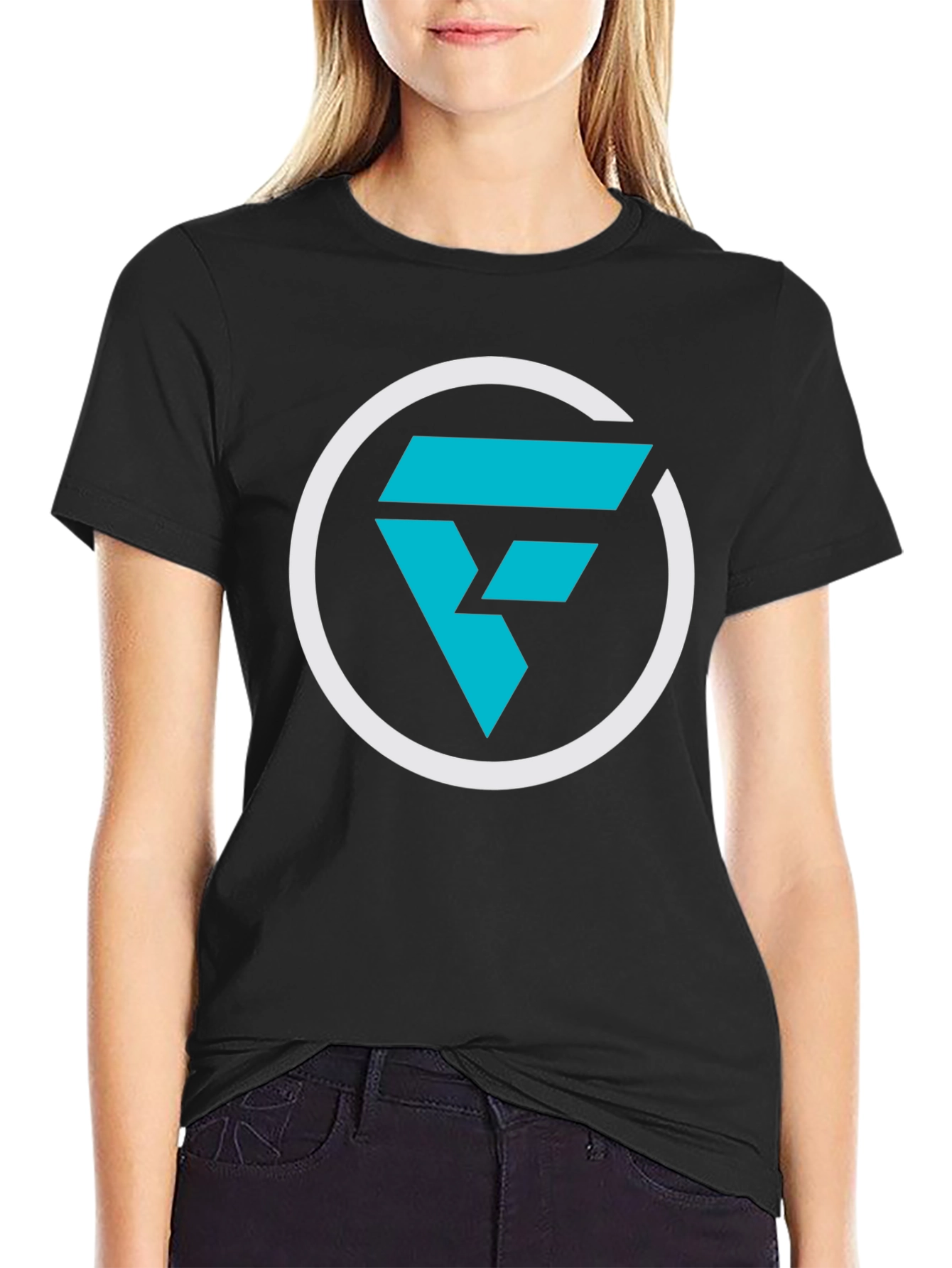 Modern Graphic Tee: Cyan F Logo Black T-Shirt