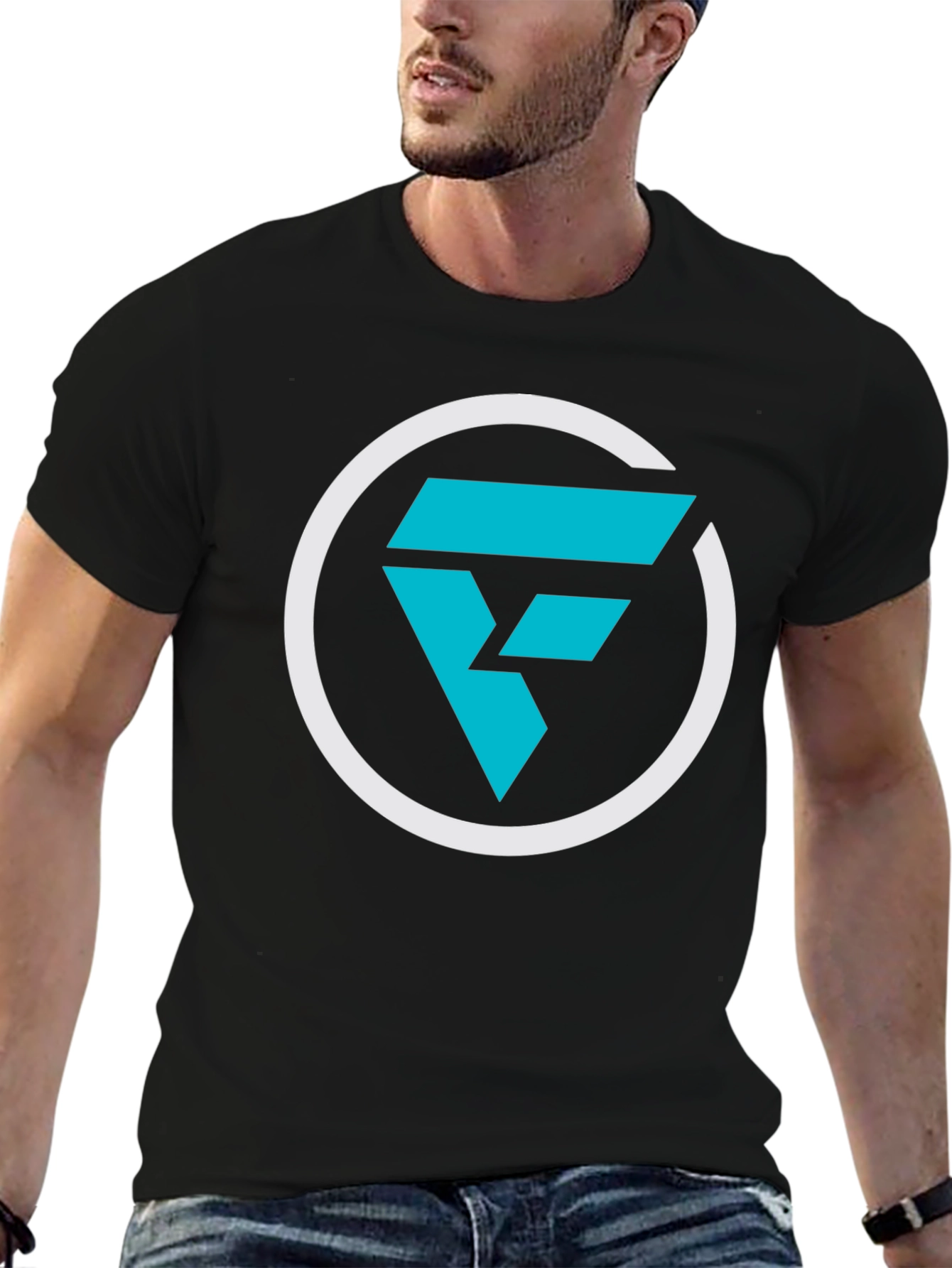Modern Graphic Tee: Cyan F Logo Black T-Shirt