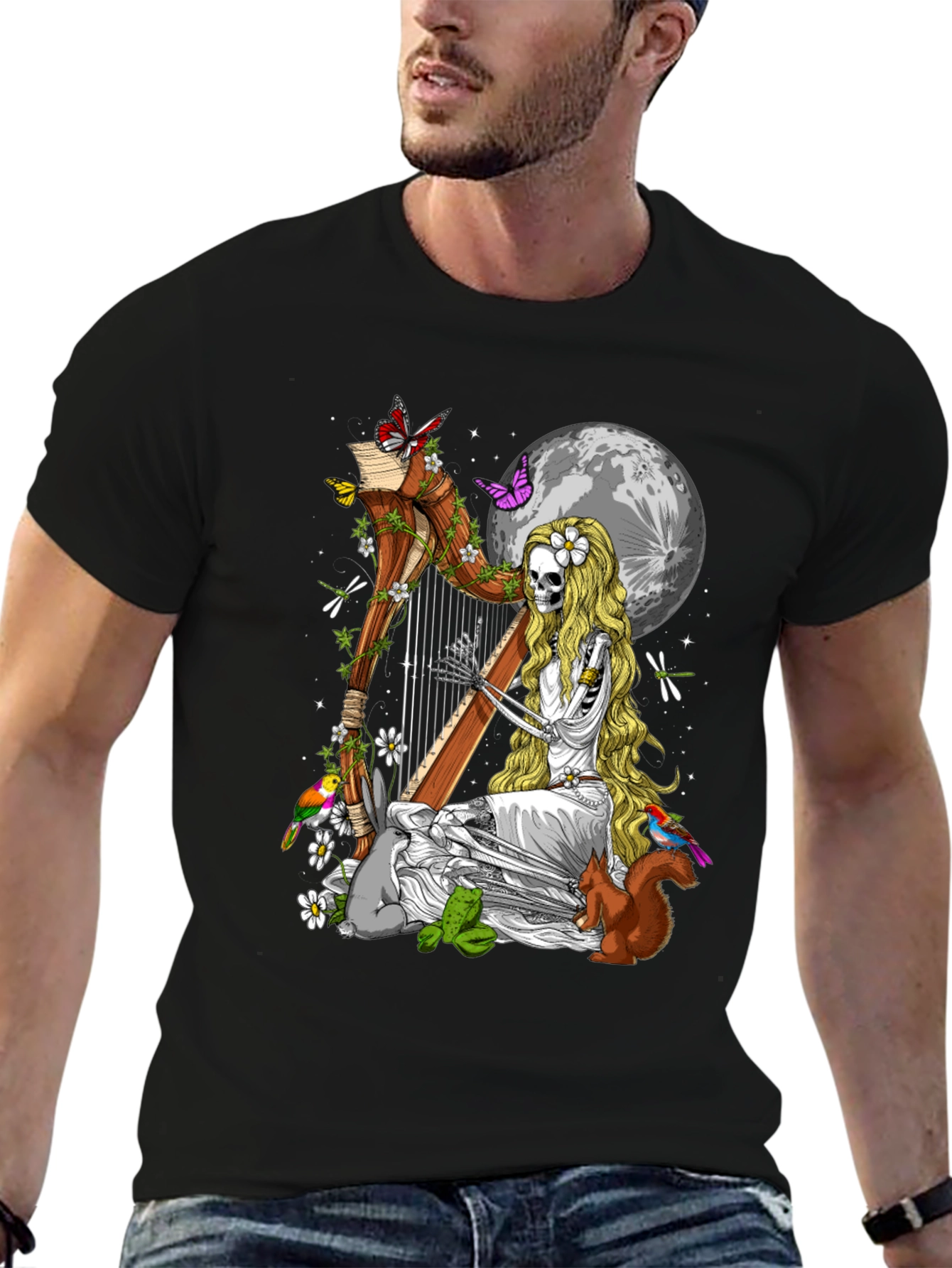 Skeleton Harpist T-Shirt - Nature & Music Design