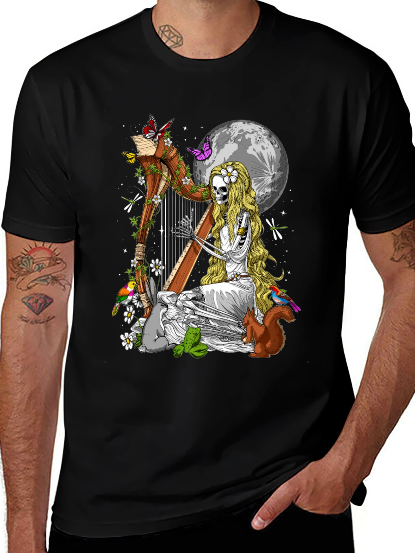 Skeleton Harpist T-Shirt - Nature & Music Design