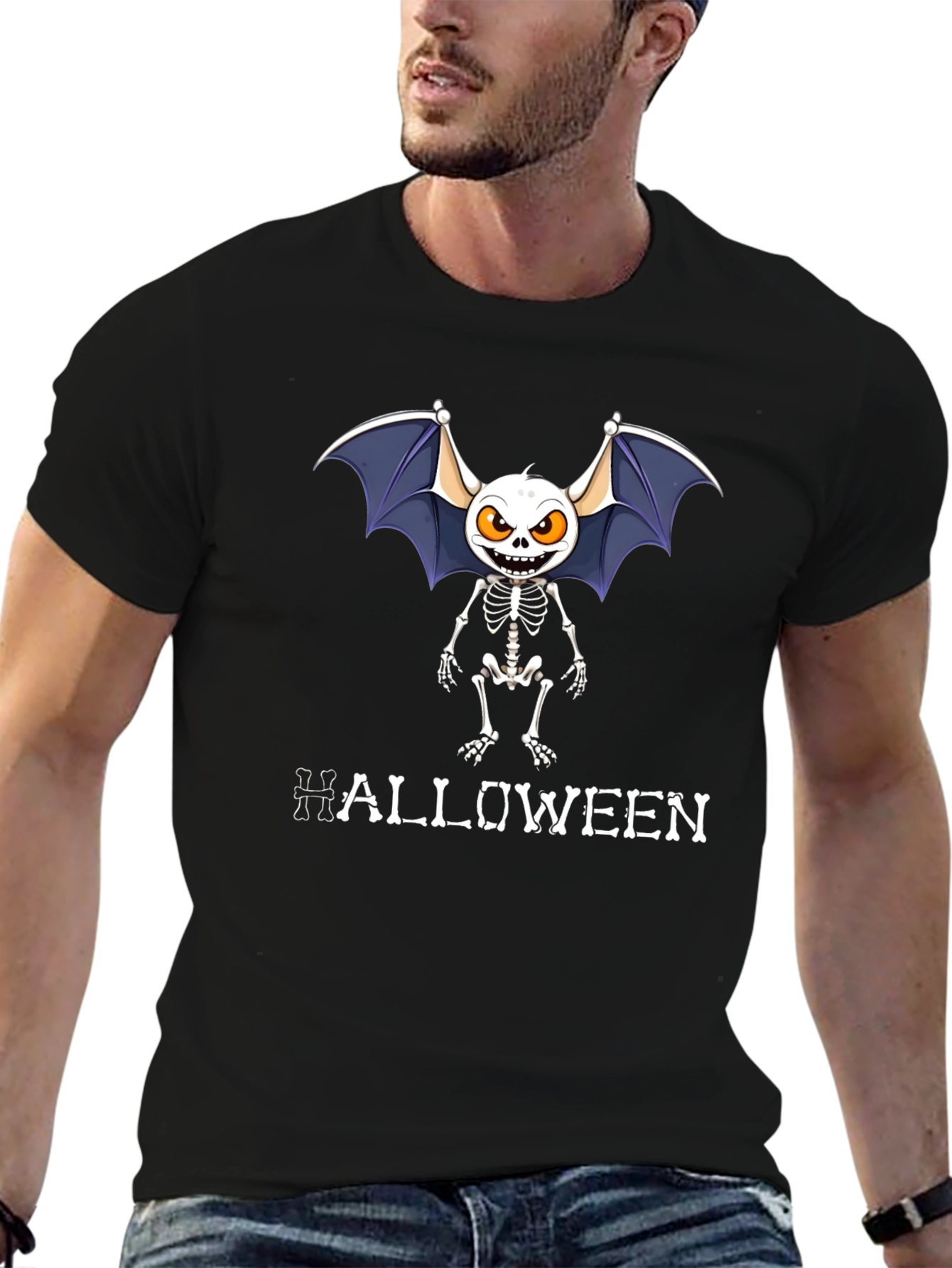Halloween Skeleton Bat Graphic T-Shirt