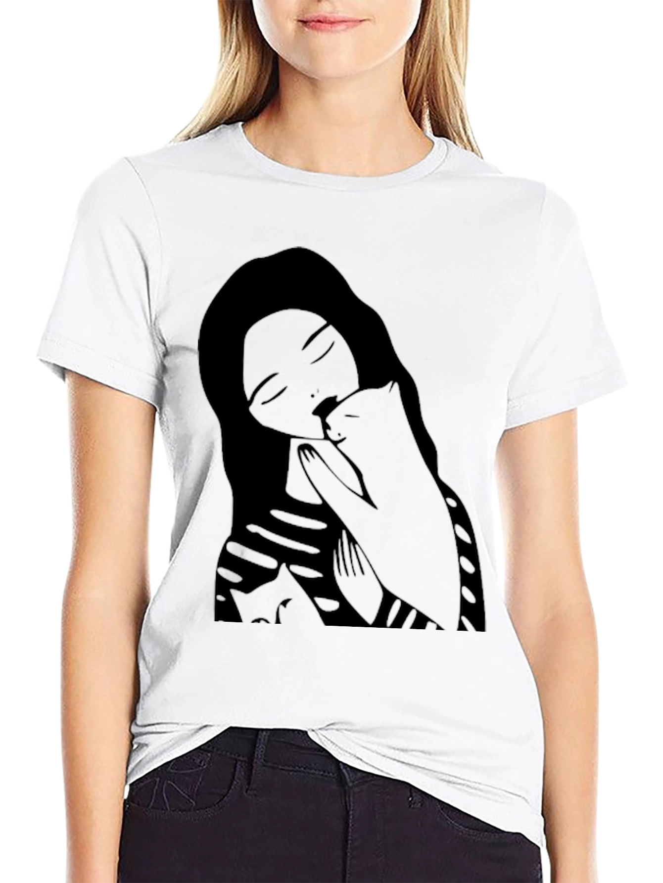 Woman and Cat Graphic Black Tee Shirt