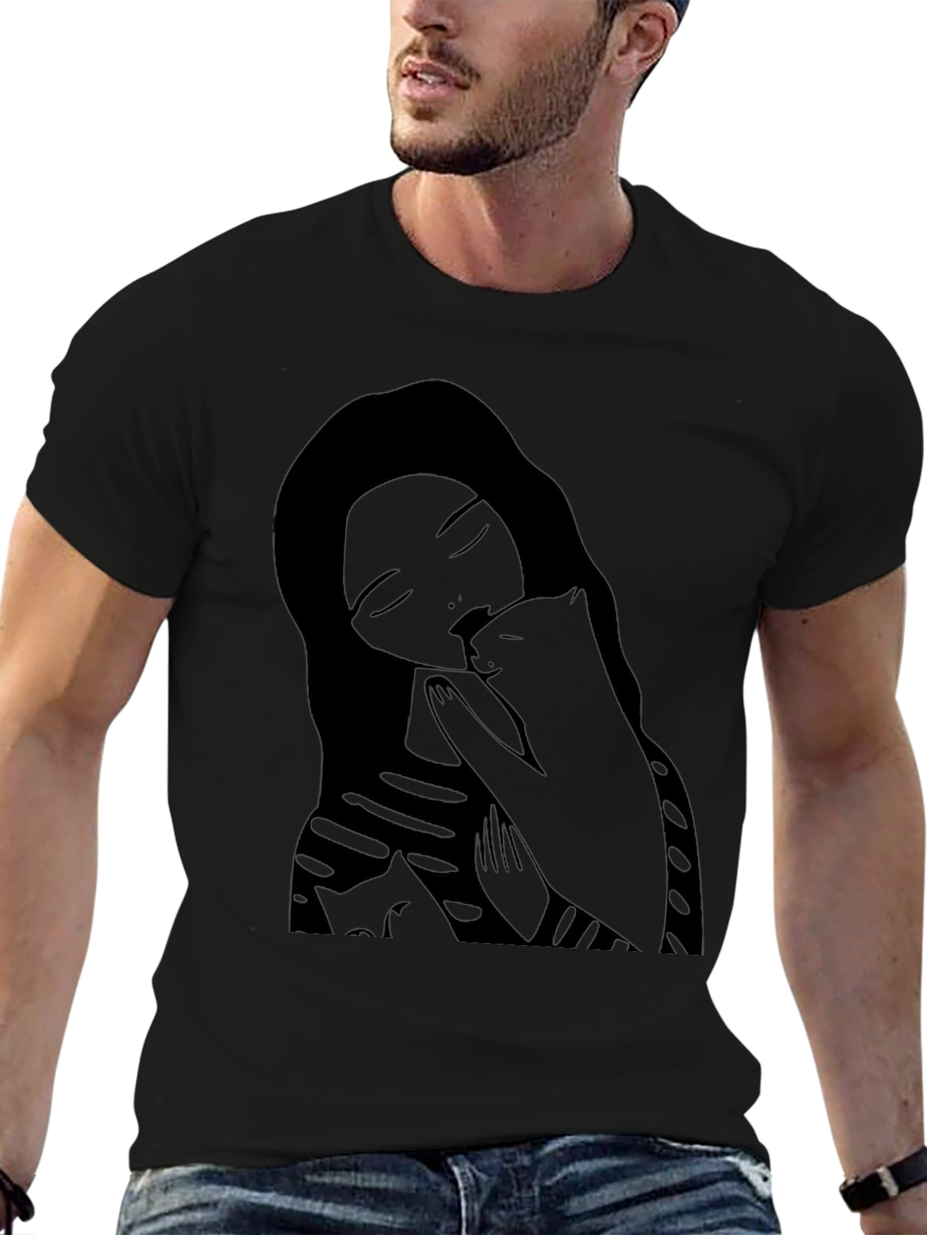 Woman and Cat Graphic Black Tee Shirt