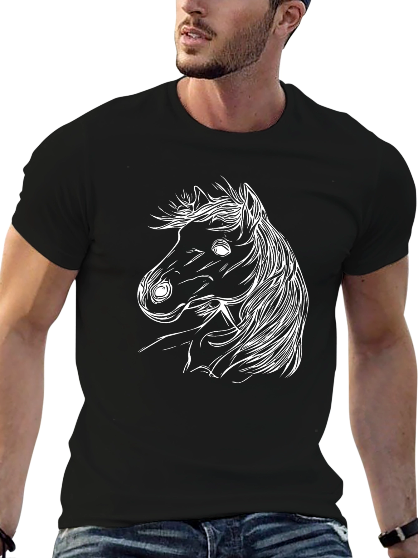 Mens Black T-Shirt with White Horse Design