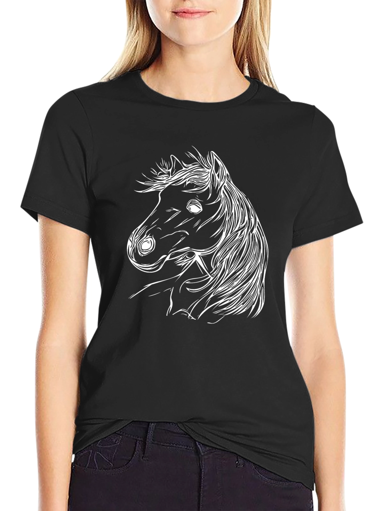 Mens Black T-Shirt with White Horse Design