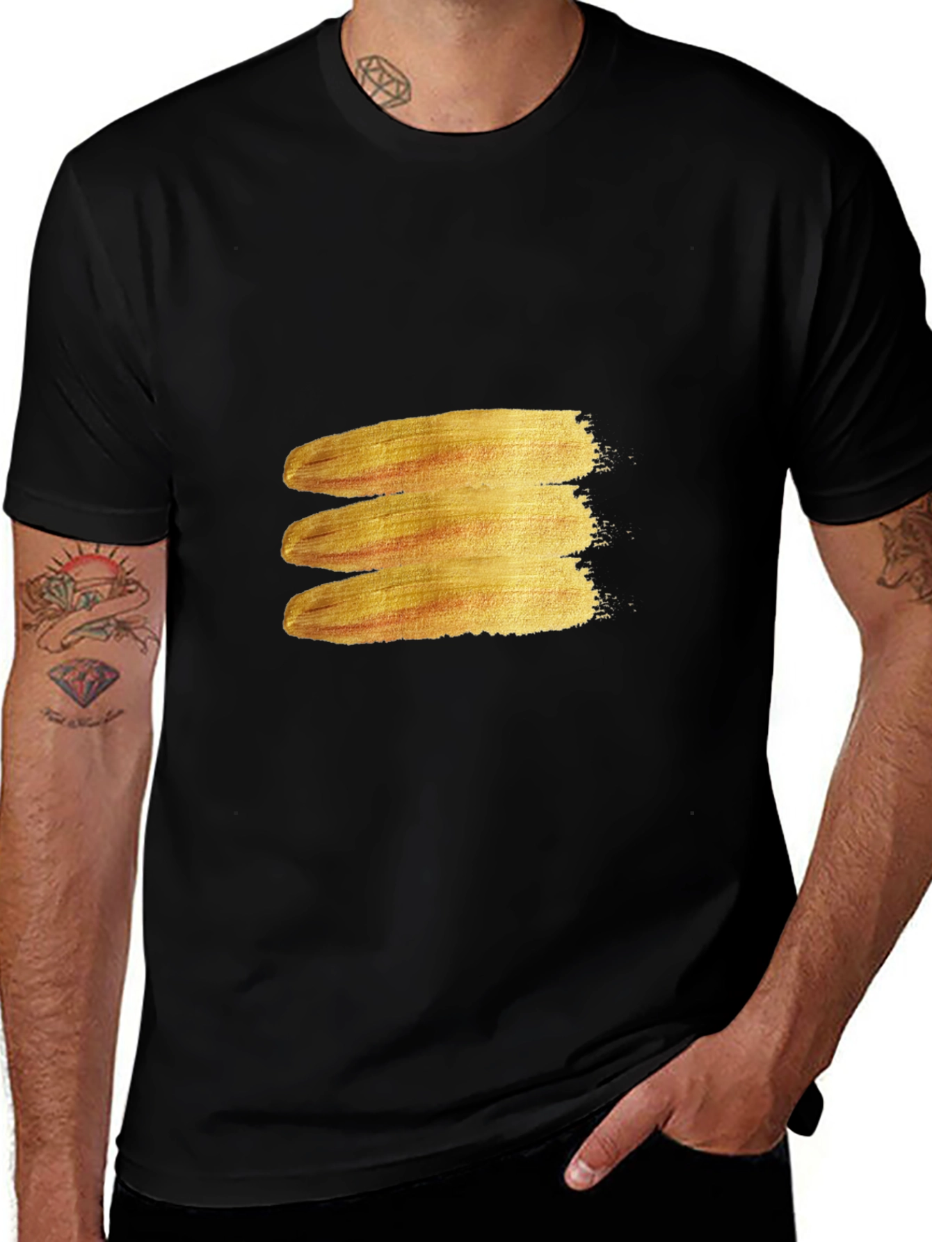 Mens Black T-Shirt with Gold Brush Stroke Design