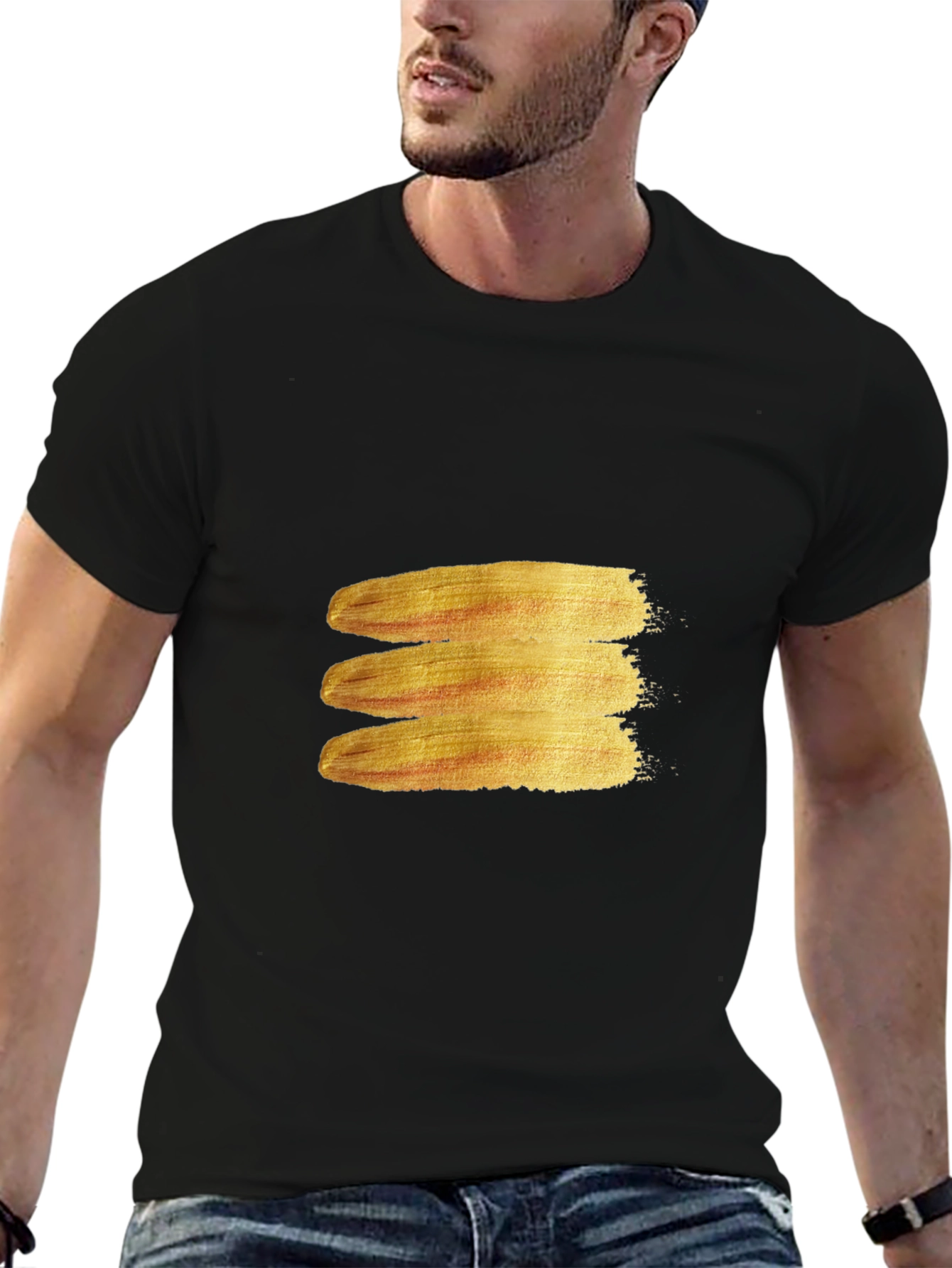 Mens Black T-Shirt with Gold Brush Stroke Design