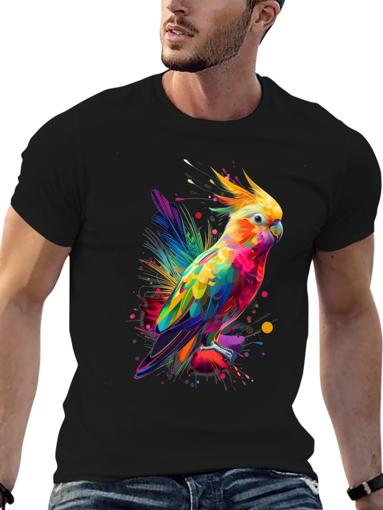 Vibrant Parrot Graphic Tee - Mens Black T-Shirt
