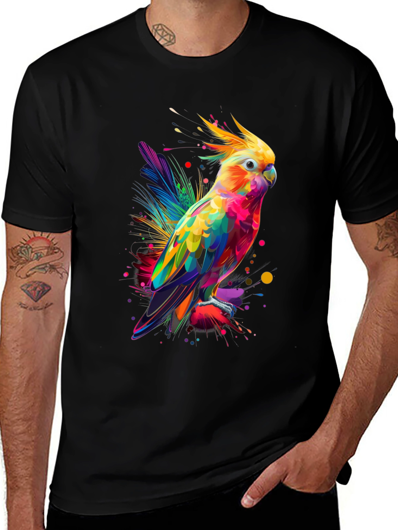 Vibrant Parrot Graphic Tee - Mens Black T-Shirt