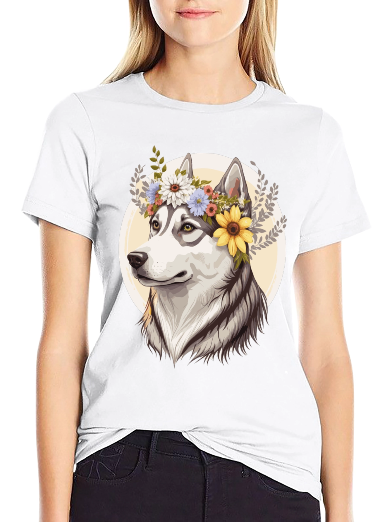 Floral Husky Graphic Tee - Black Unisex T-Shirt