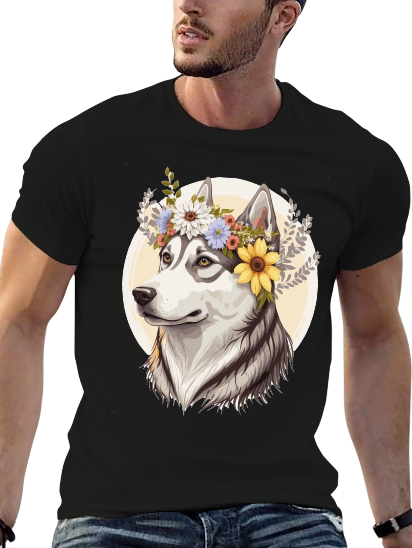 Floral Husky Graphic Tee - Black Unisex T-Shirt