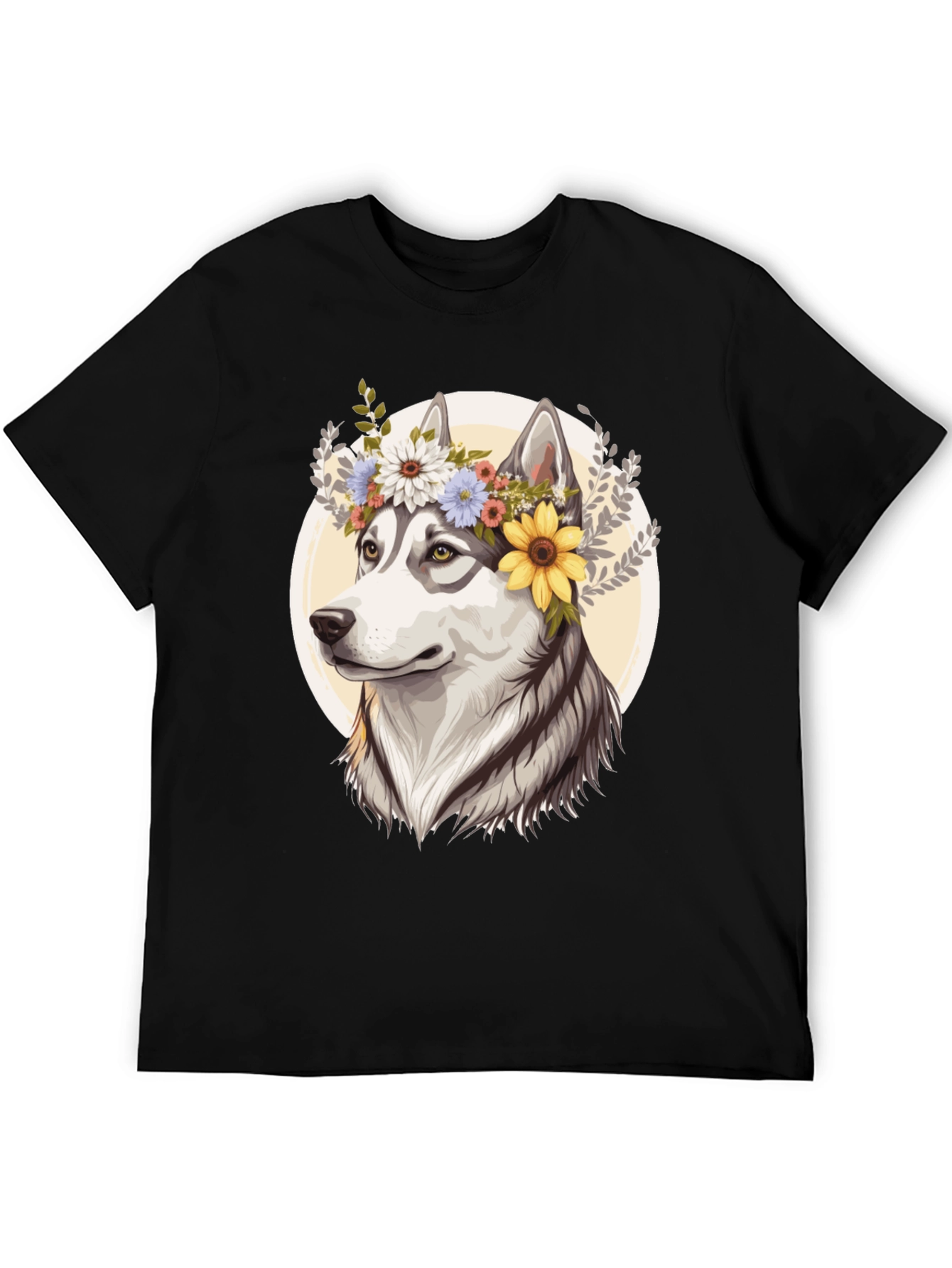 Floral Husky Graphic Tee - Black Unisex T-Shirt