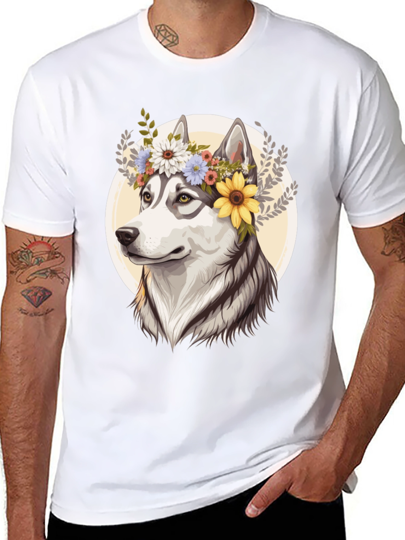 Floral Husky Graphic Tee - Black Unisex T-Shirt