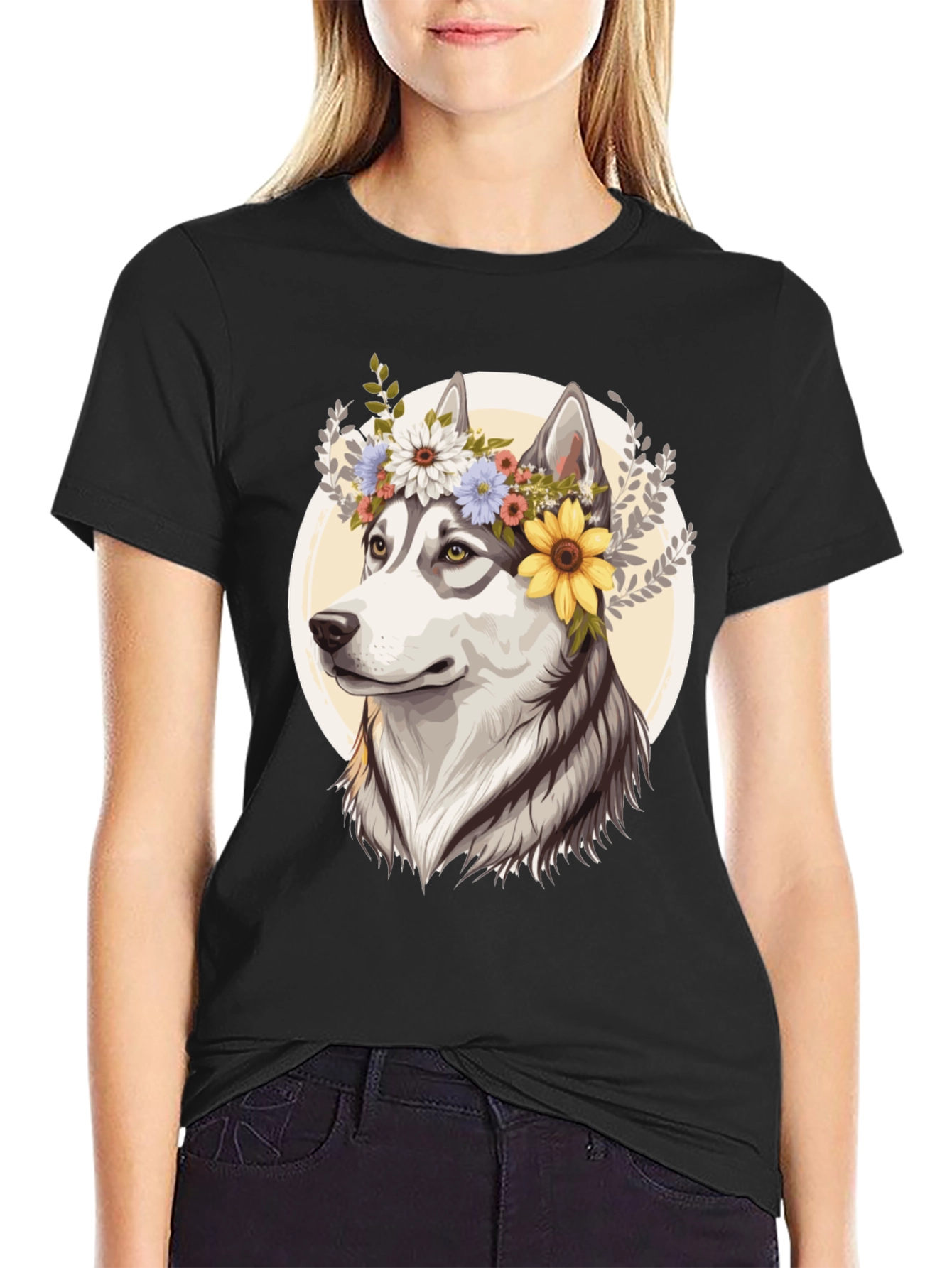 Floral Husky Graphic Tee - Black Unisex T-Shirt